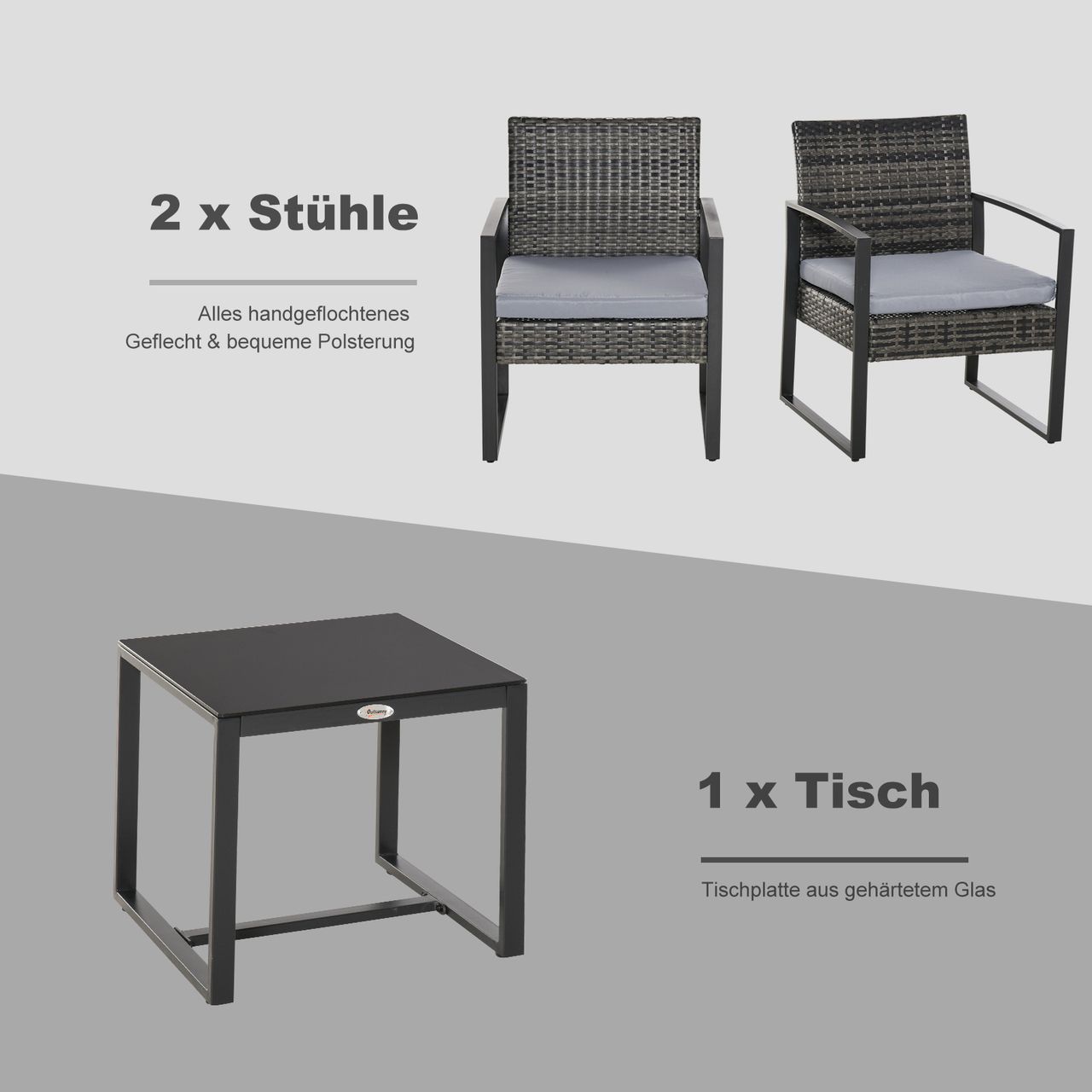 Outsunny Polyrattan Gartenset 3 tlg. Balkonmöbel Set mit Kissen Grau