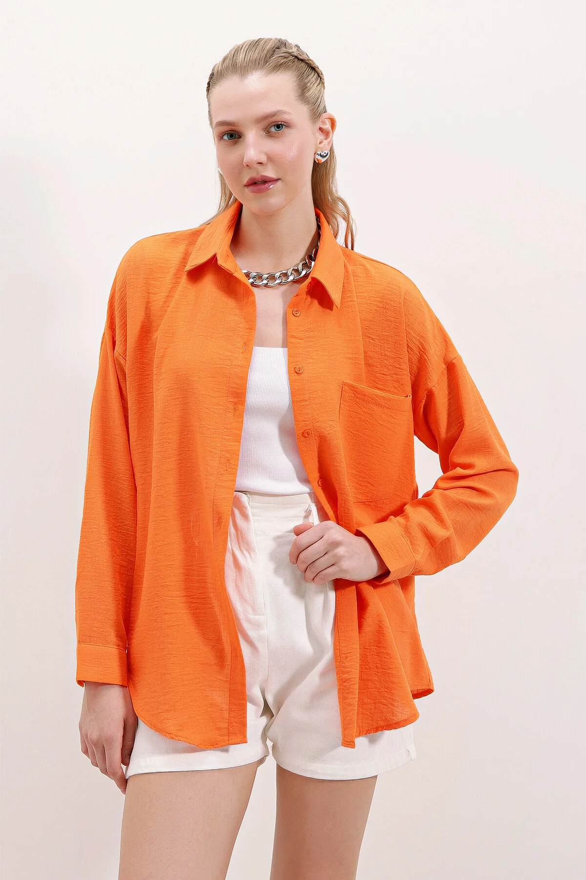 Bigdart  20153 Oversize-Leinenhemd mit einer Tasche – Orange