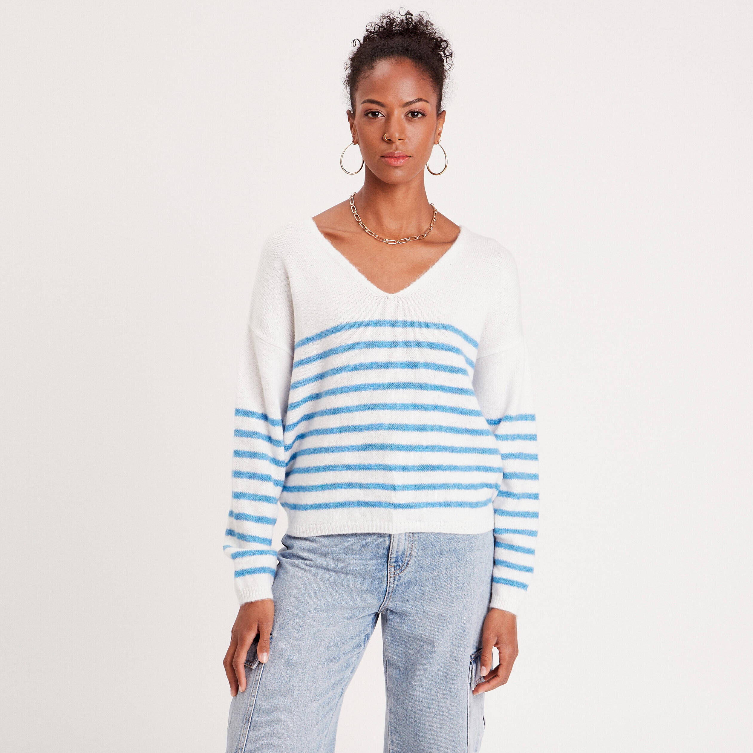 Pull manches longues col en V bleu femme | Cache Cache