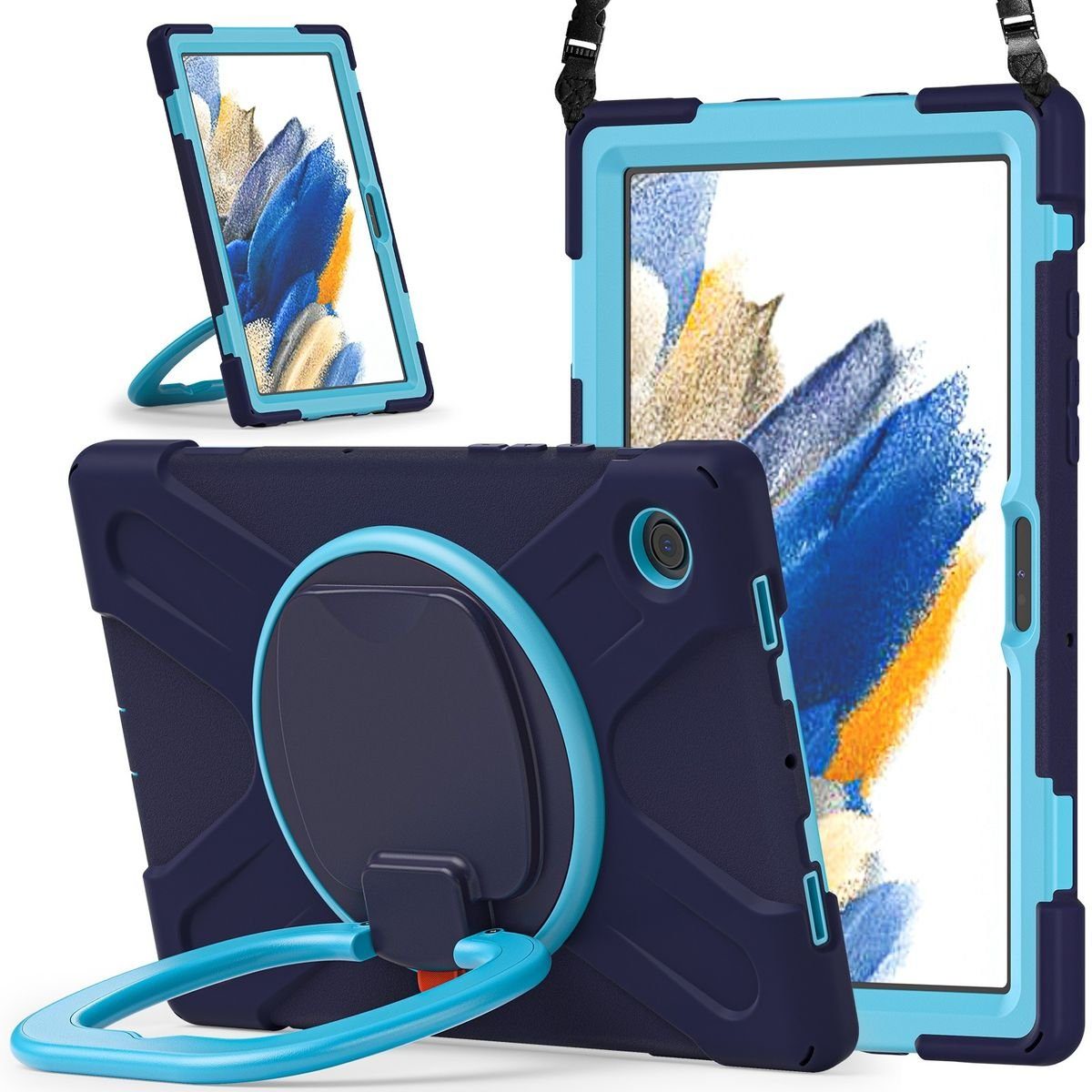 Wigento Tablet-Hülle Für Samsung Galaxy Tab A8 2021 Outdoor Hybrid Dunkelblau Trage Gurt