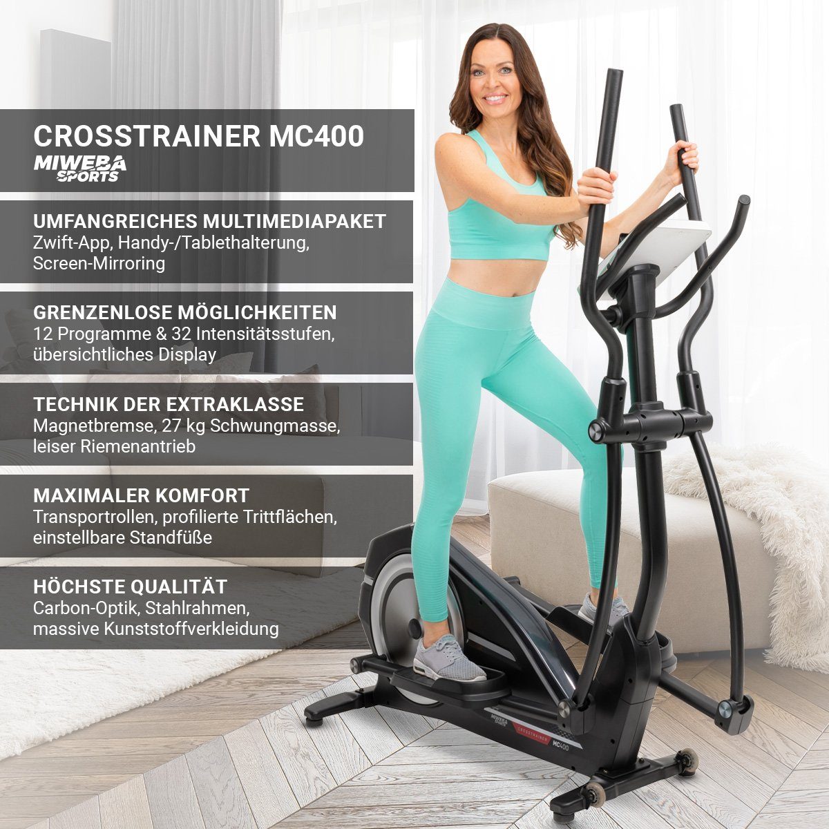 Miweba Sports Ellipsentrainer Profi Crosstrainer MC400 - 27 kg Schwungmasse & Magnetbremse (32 Intensitätsstufen, 10 Trainings Programme, Sportgeräte Fitnessgeräte für zu hause, verstellbar, 1-tlg., Zwift App & Streaming-Funktion, 150 kg max. Benutze