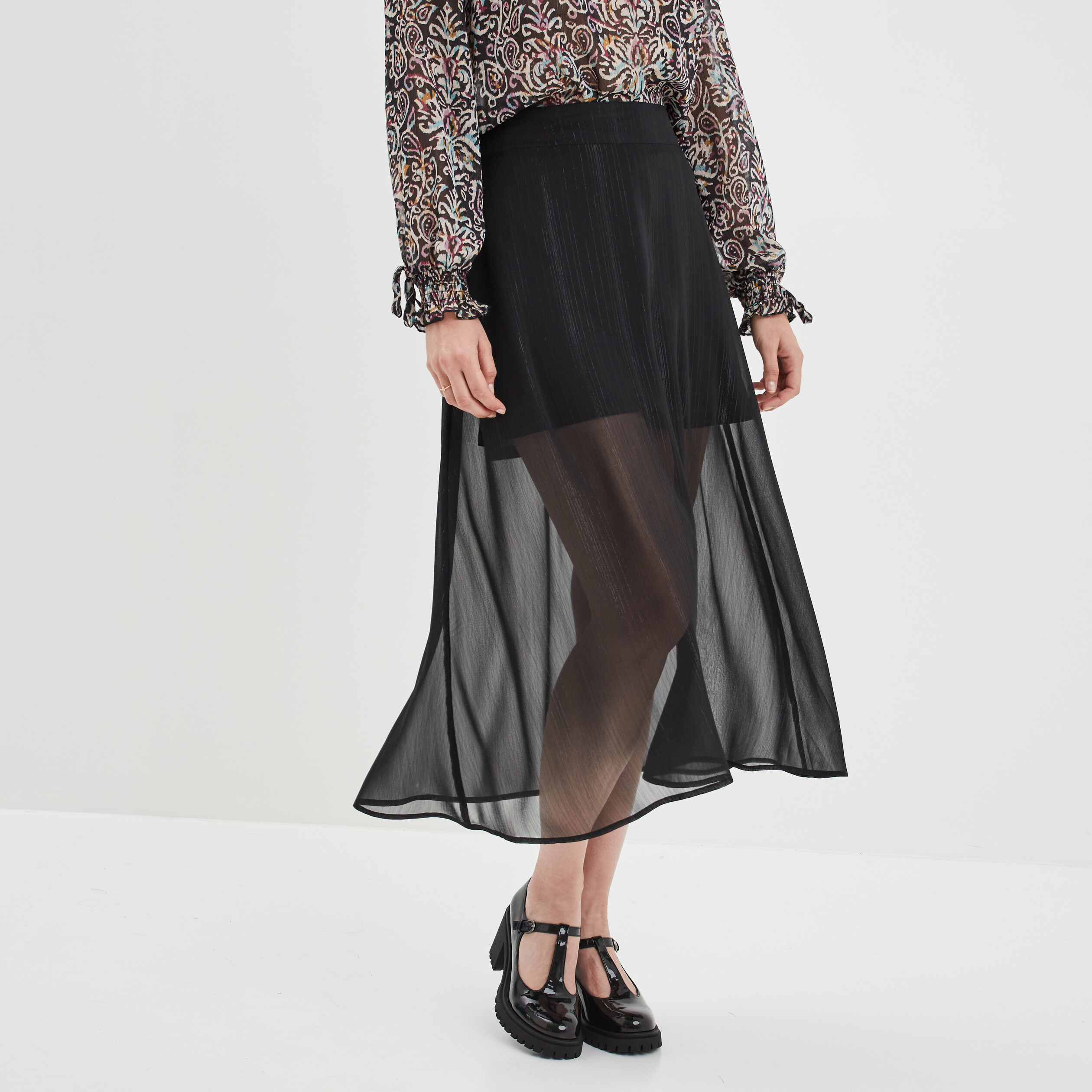 Jupe longue évasée voile doublé noir femme | La Halle