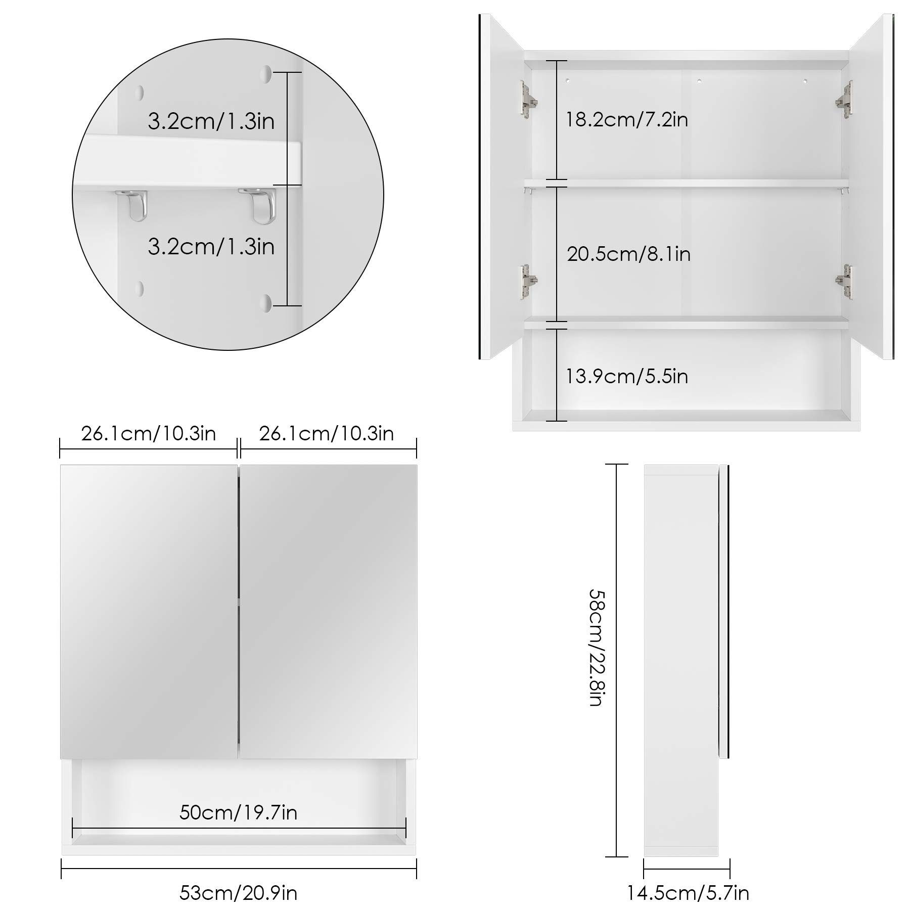 Homfa Spiegelschrank Hängeschrank, Badezimmerschrank, mit Türen und Ablage, 53x58x13cm, weiß