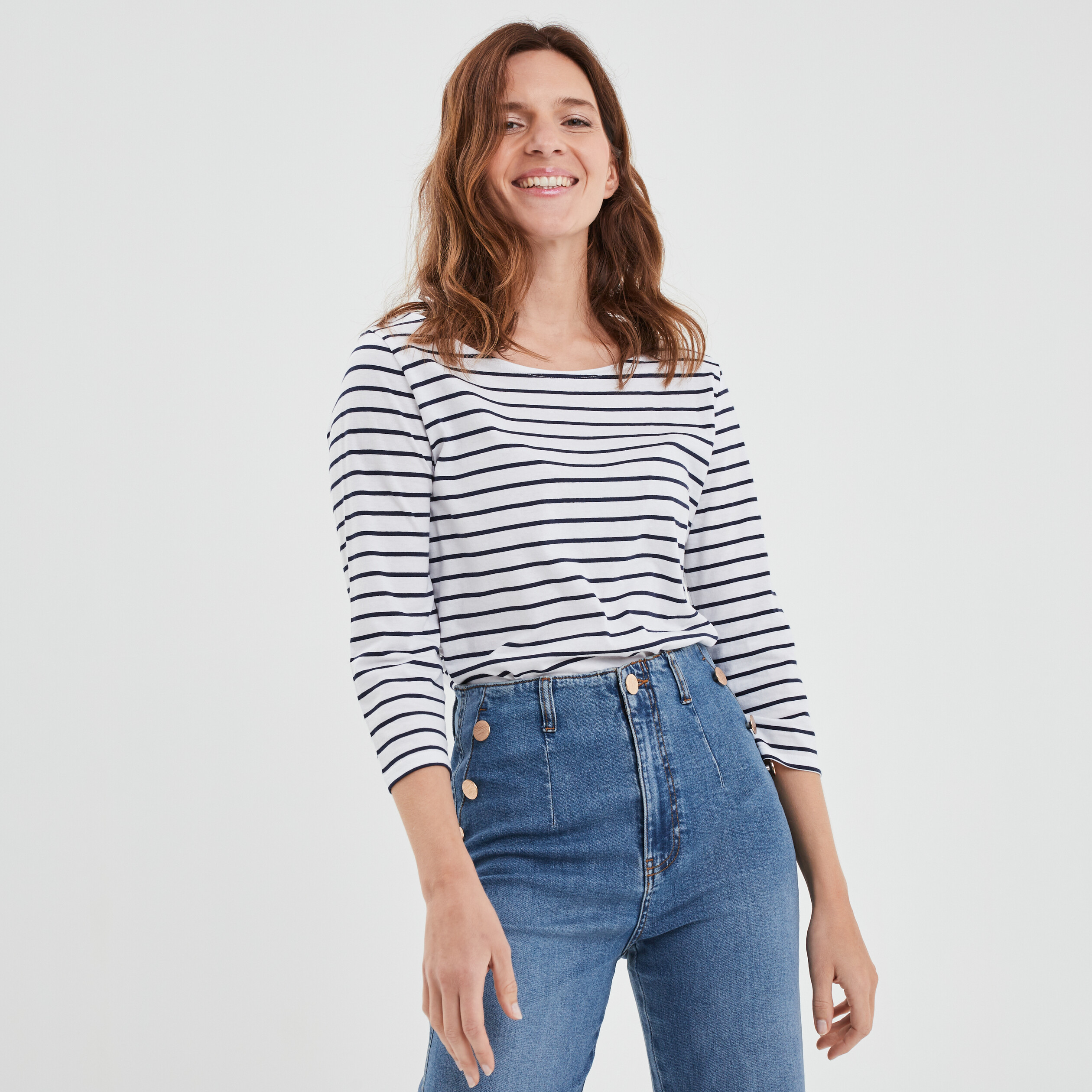 T-shirt manches 3 4 col bateau coton bleu marine femme | La Halle