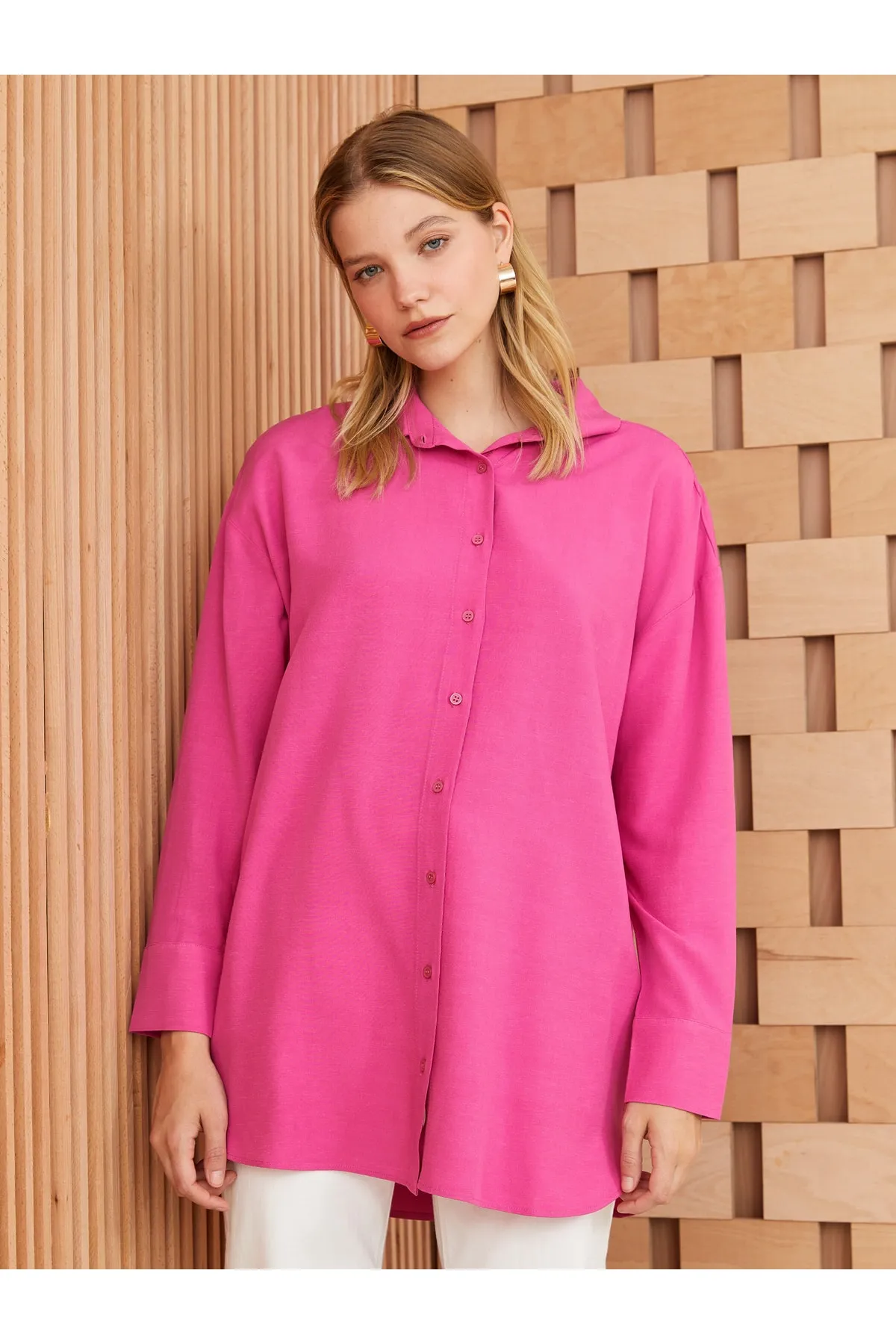 LC Waikiki  Hemdkragen Uni Langarm Leinenmischung Oversize Damen Tunika