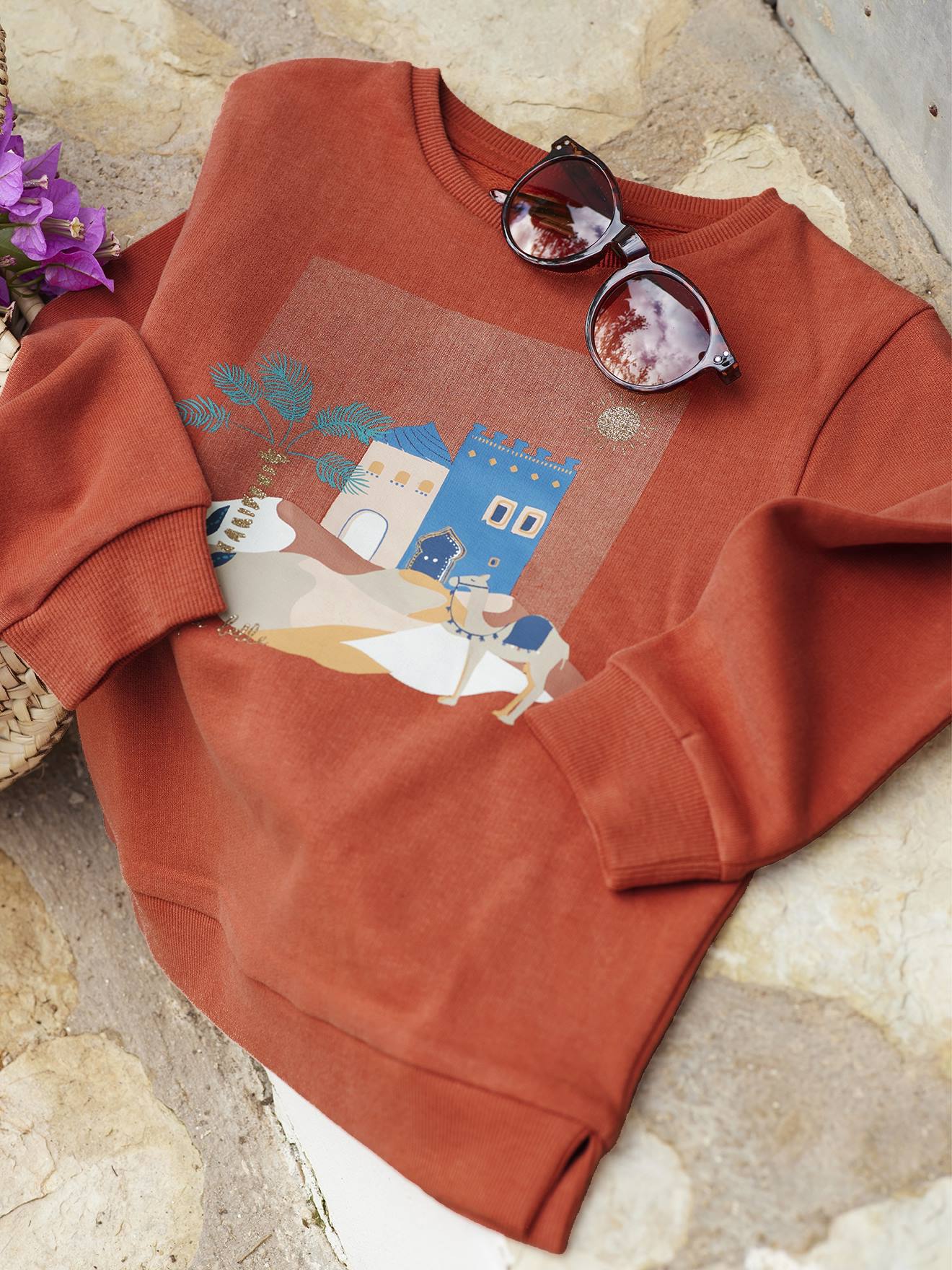 Sweat motif Maroc détails pailletés fille orange grisé