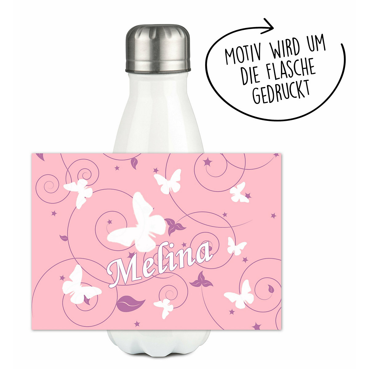 Edelstahl Kinder Thermoflasche / Trinkflasche bunt Schmetterling Ornamente Farbe rosa lila Spülmaschinenfest, Auslaufsicher, Bruchfest, Doppelwandig, Für Heißgetränke geeignet, Mit Deckel, Isolier