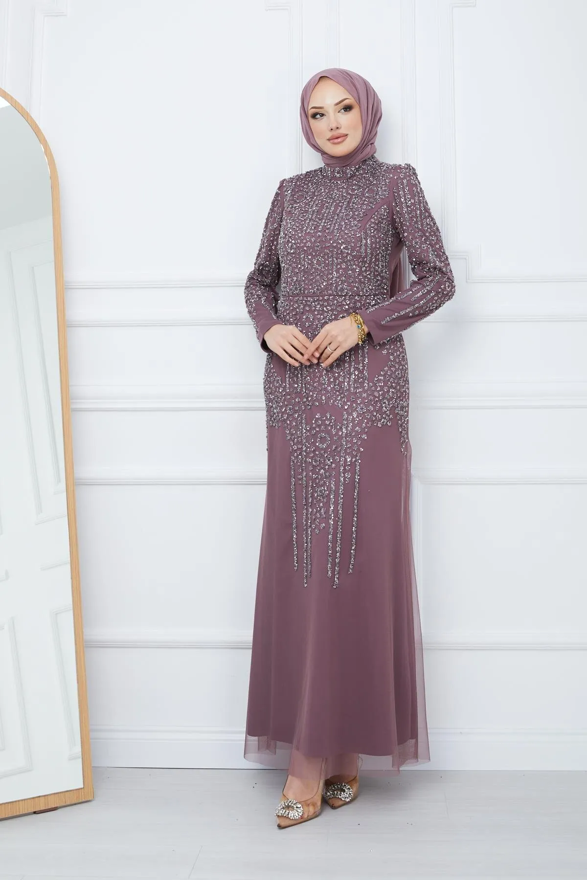 Olcay  Perlen- und juwelenbesetztes Hijab-Abendkleid aus Tüll DRY ROSE 1663