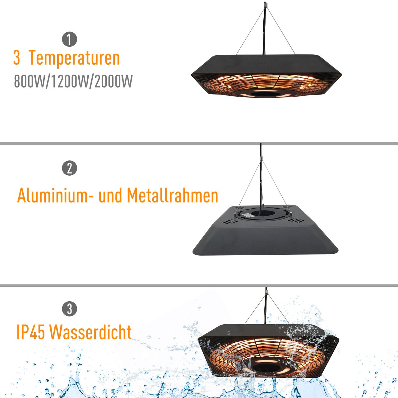 Outsunny Deckenheizstrahler 800W/1200W/2000W 5 Modi Heizstrahler IP45 Elektro Heizpilz mit Fernbedienung LED-Licht Alu Glas