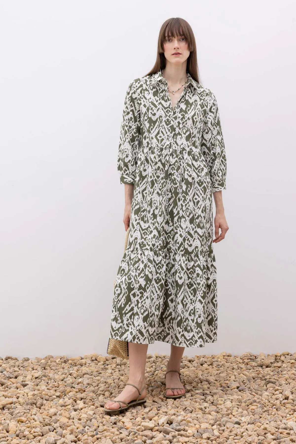 DeFacto  Gemustertes Maxi-Halbarmkleid aus Frottee-Baumwolle mit Hemdkragen Z9109az23sp