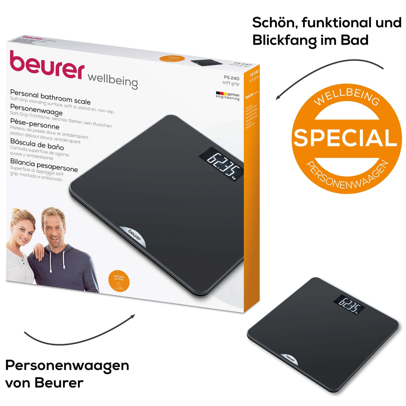 Beurer Personenwaage PS 240-Personenwaage mit gummierter Trittfläche & beleuchtetem Schwarzdisplay - bis 180 kg