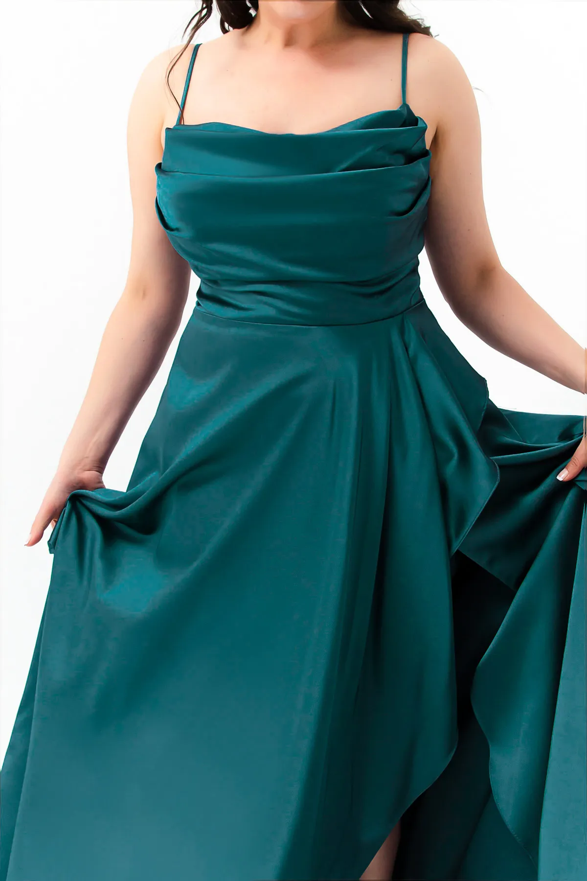 Lafaba  Abendkleid für Damen, Petrol, Volant, Schlitz, Übergröße, Satin, Abschlusskleid
