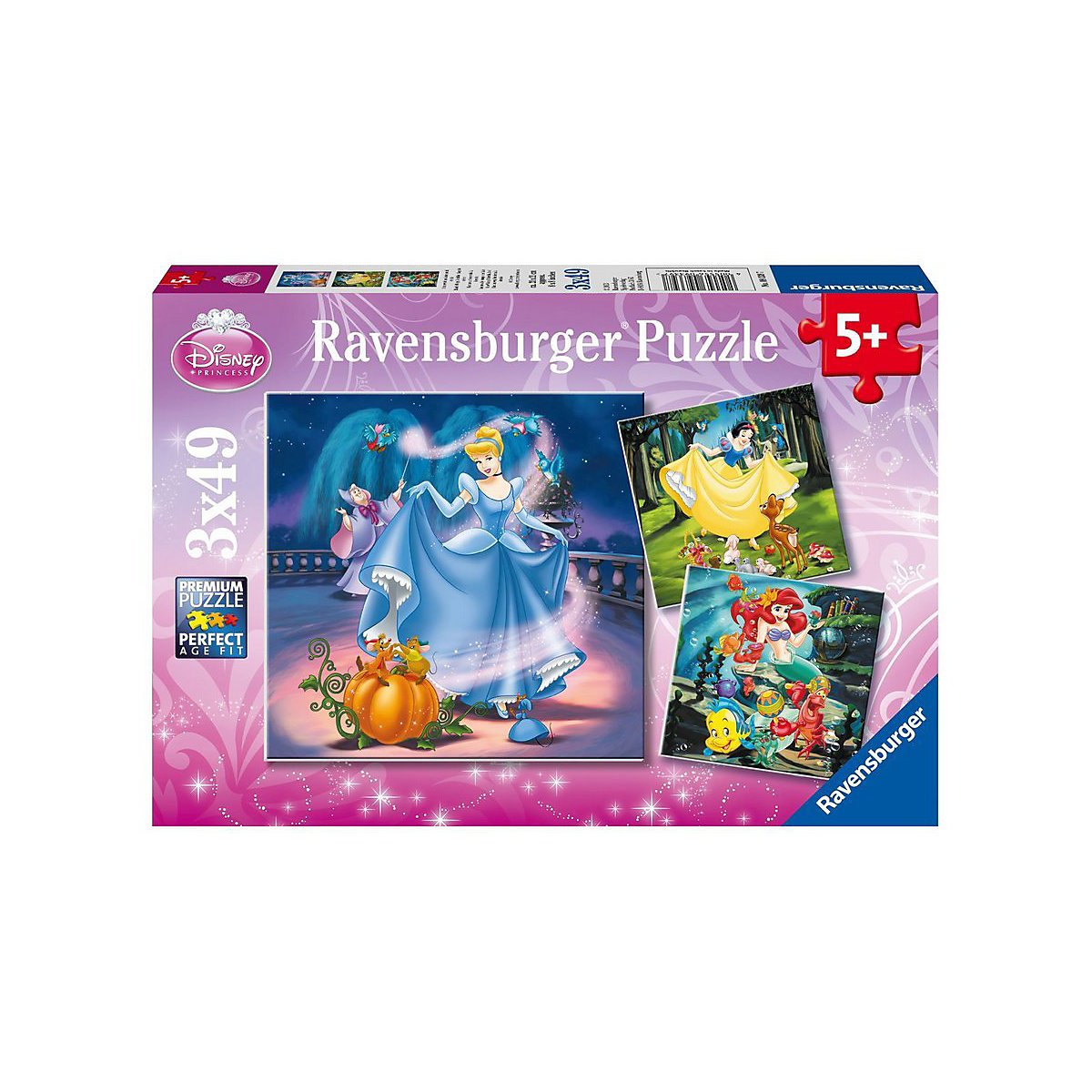 3er Set Puzzle, je 49 Teile, 21x21 cm, Schneewittchen, Arielle und Cinderella