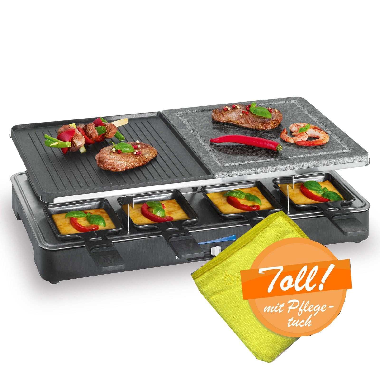 bmf-versand Raclette Raclette Grill für 8 Personen inkl Pflegetuch Heißer Stein