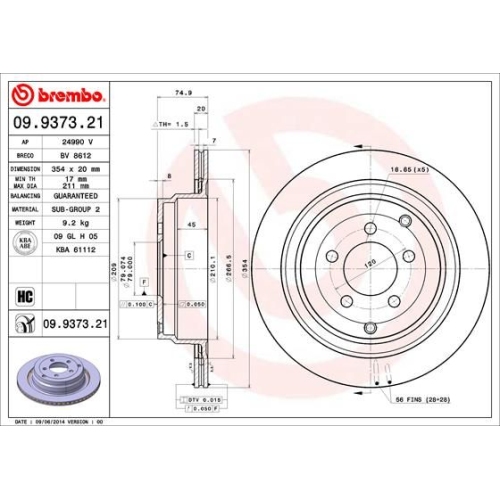 Bremsscheibe Brembo Hinterachse  1 Stück 09.9373.21 - ATU