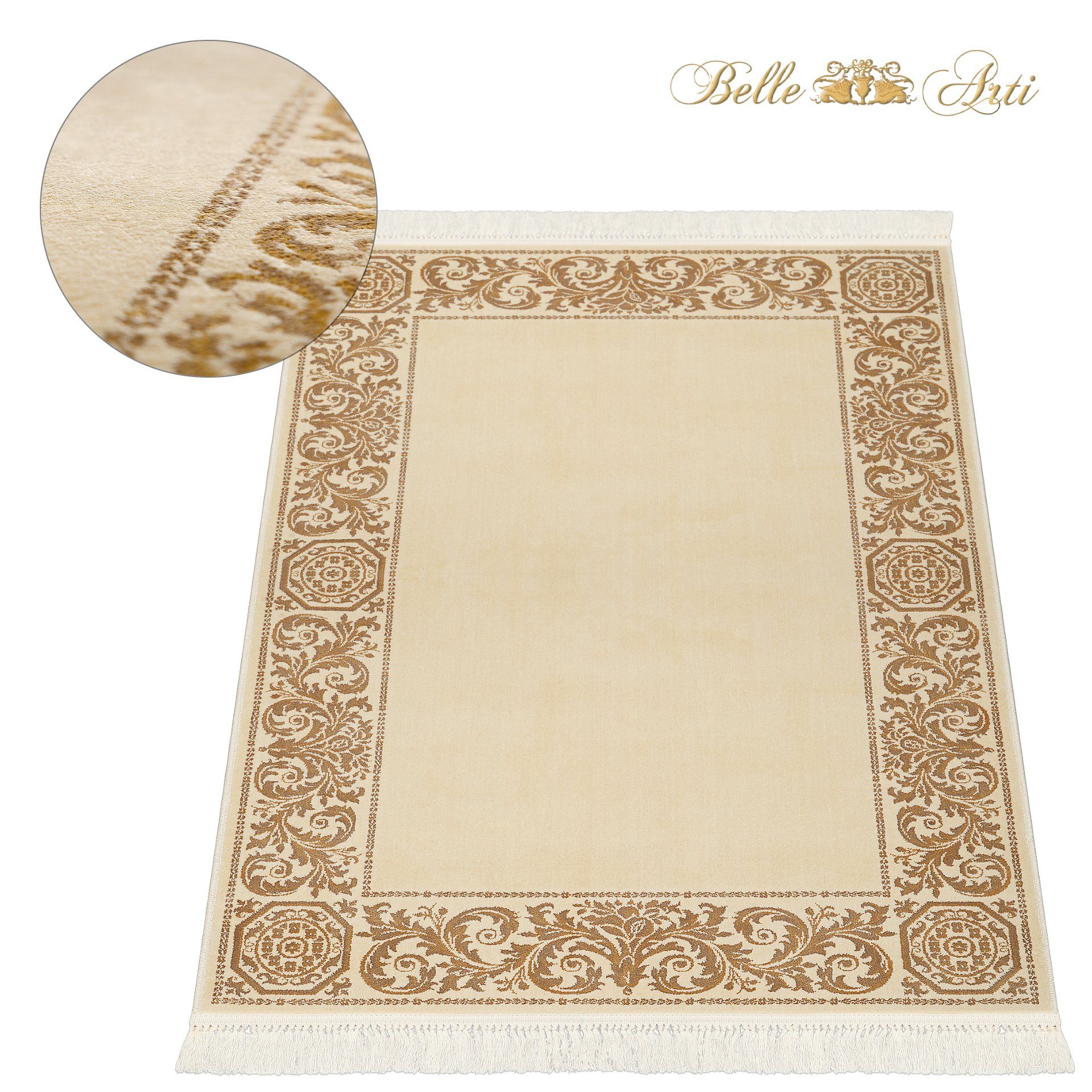 Designteppich Belle Arti Premium Wohnzimmer Mäander Teppich, Belle Arti, Rechteckig, Höhe: 8 mm, Seidig, samtig, handgeknüpfte Fransen, glänzend, Naturfasern
