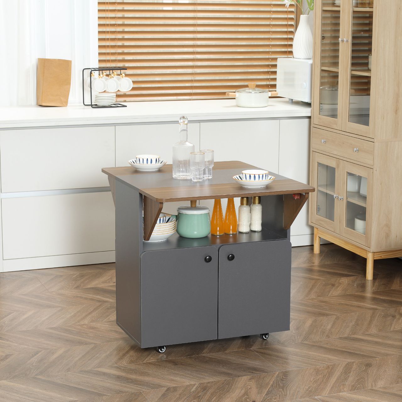 HOMCOM Esstisch Klapptisch mit Rollen Küchentisch mit zwei klappbare Tischseiten Esszimmertisch Sideboard mit Stauraum für Wohnzimmer Küche Spanplatte Hellgrau Dunkelbraun 70 x 83 x 75 cm