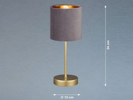 meineWunschleuchte LED Nachttischlampe, Dimmfunktion, LED wechselbar, Warmweiß, ausgefallen-e Design-er mit Samt Lampenschirm Grau Gold-en, H: 34cm