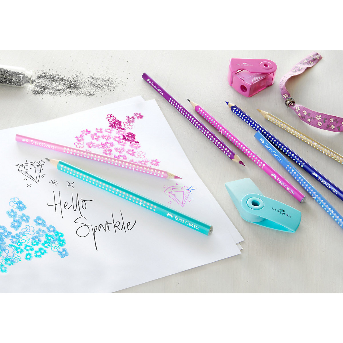 Geschenkset Dreikant-Buntstifte Sparkle, 21 Farben in Metalletui, inkl. Anspitzer