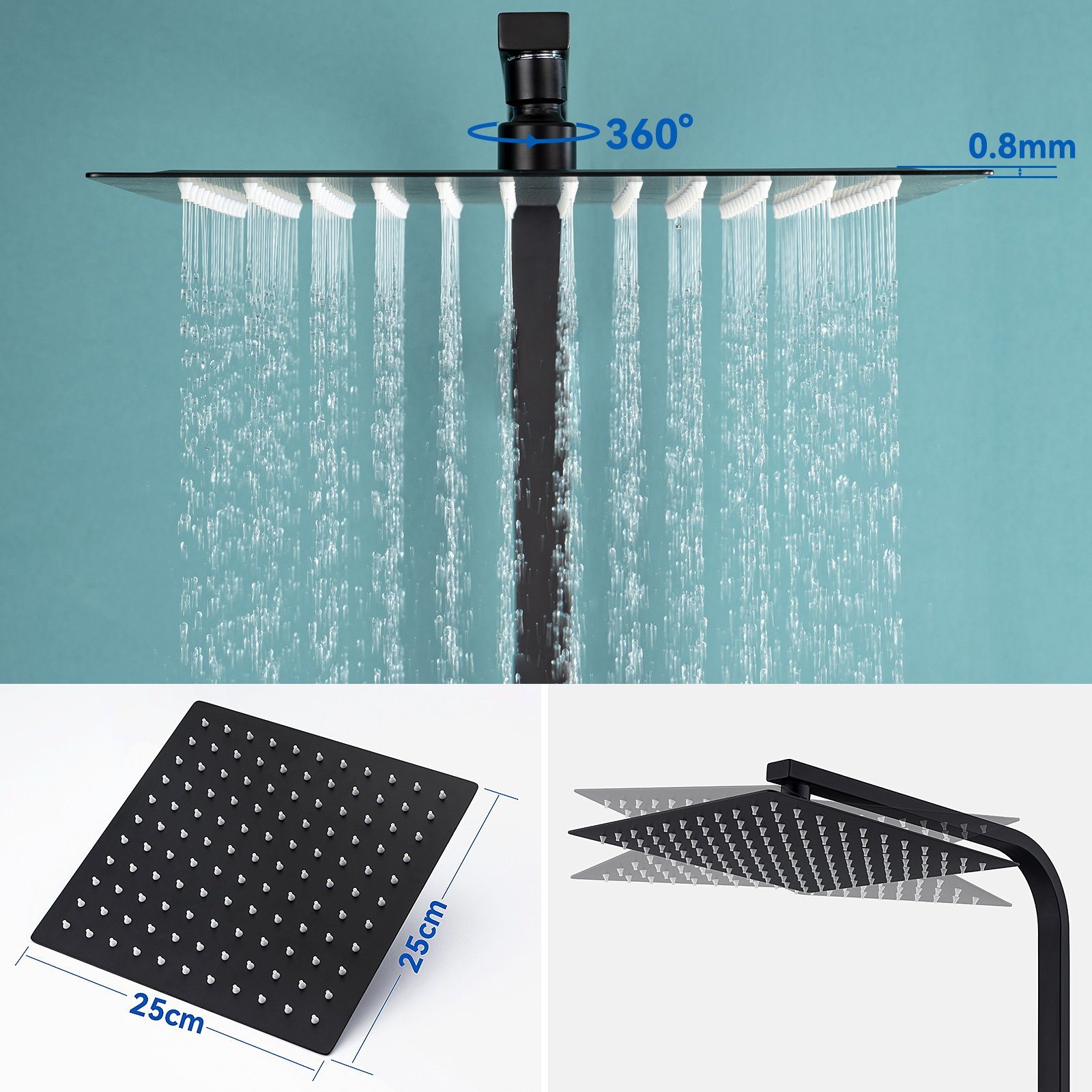 Auralum Duschsystem Edelstahl Regendusche Duschset Massage Duschpaneel mit Handbrause, 10-Zoll Überkopfbrause, Schwarz