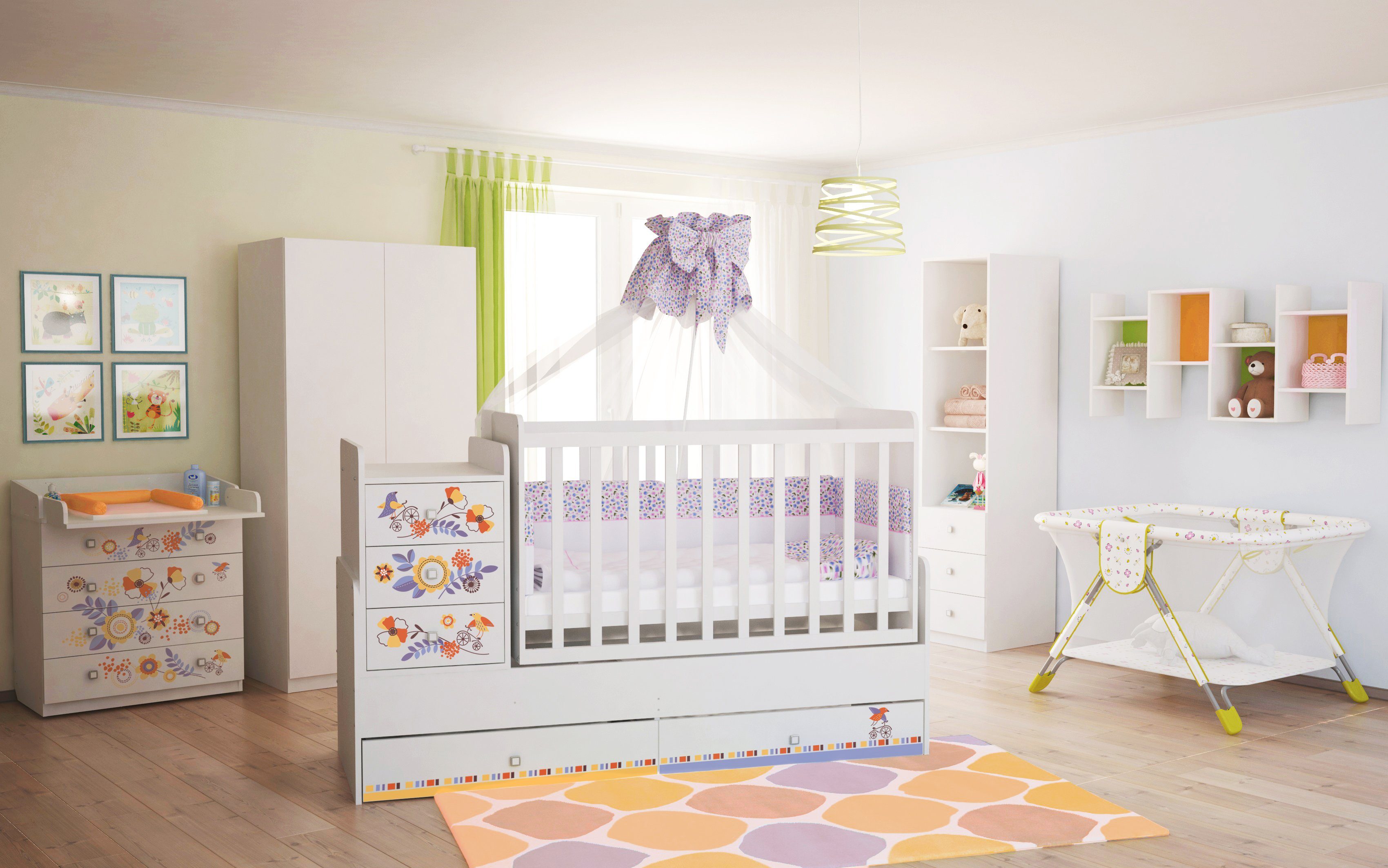 Polini kids Wickelkommode Simple 1580, Blumen, mit aufklappbarem Wickelaufsatz