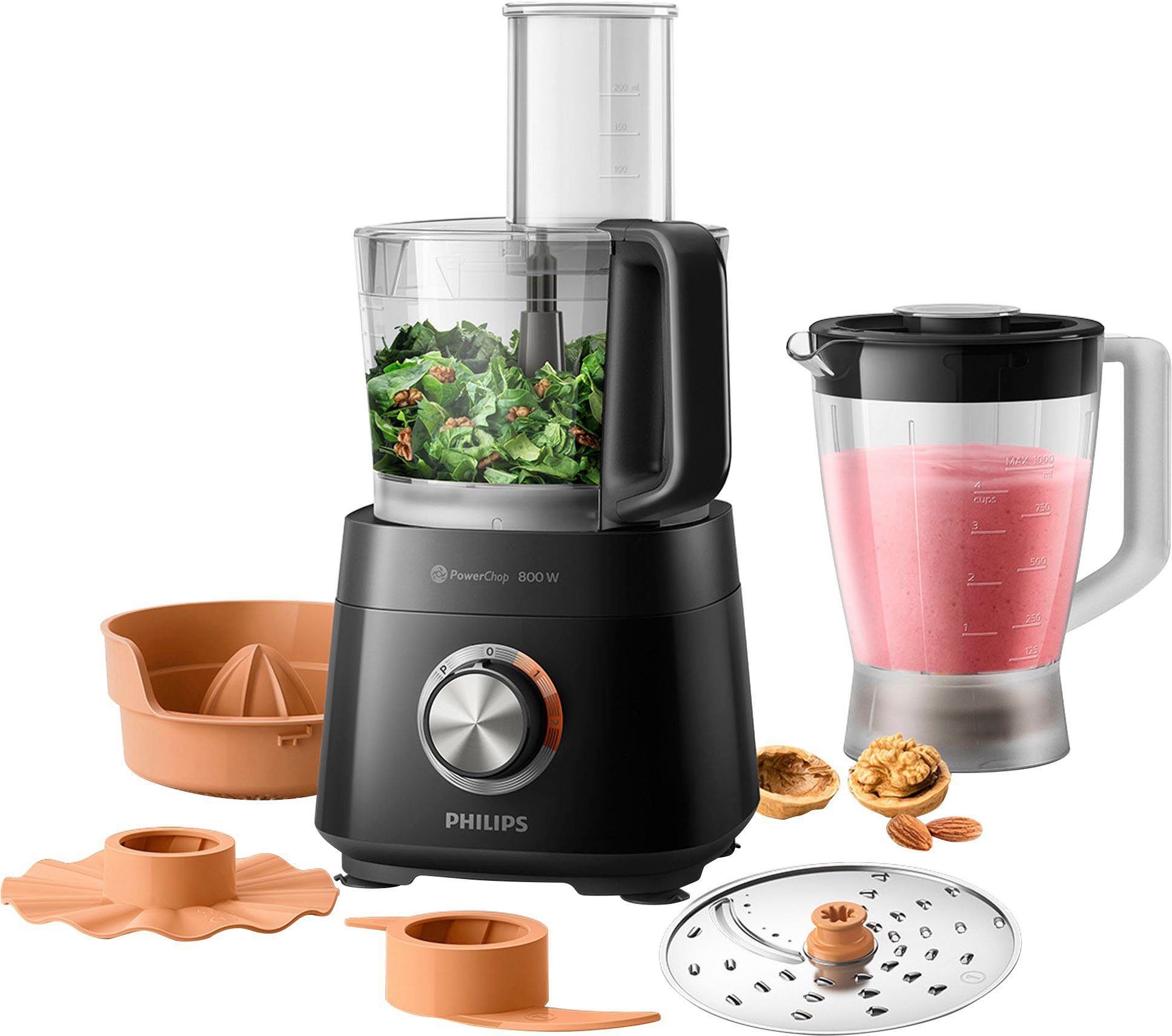 Philips Küchenmaschine HR7530/10, 850 W, 2,1 l Schüssel, 31 Funktionen, 2-in-1 Schneidescheibe, Zitruspressenaufsatz