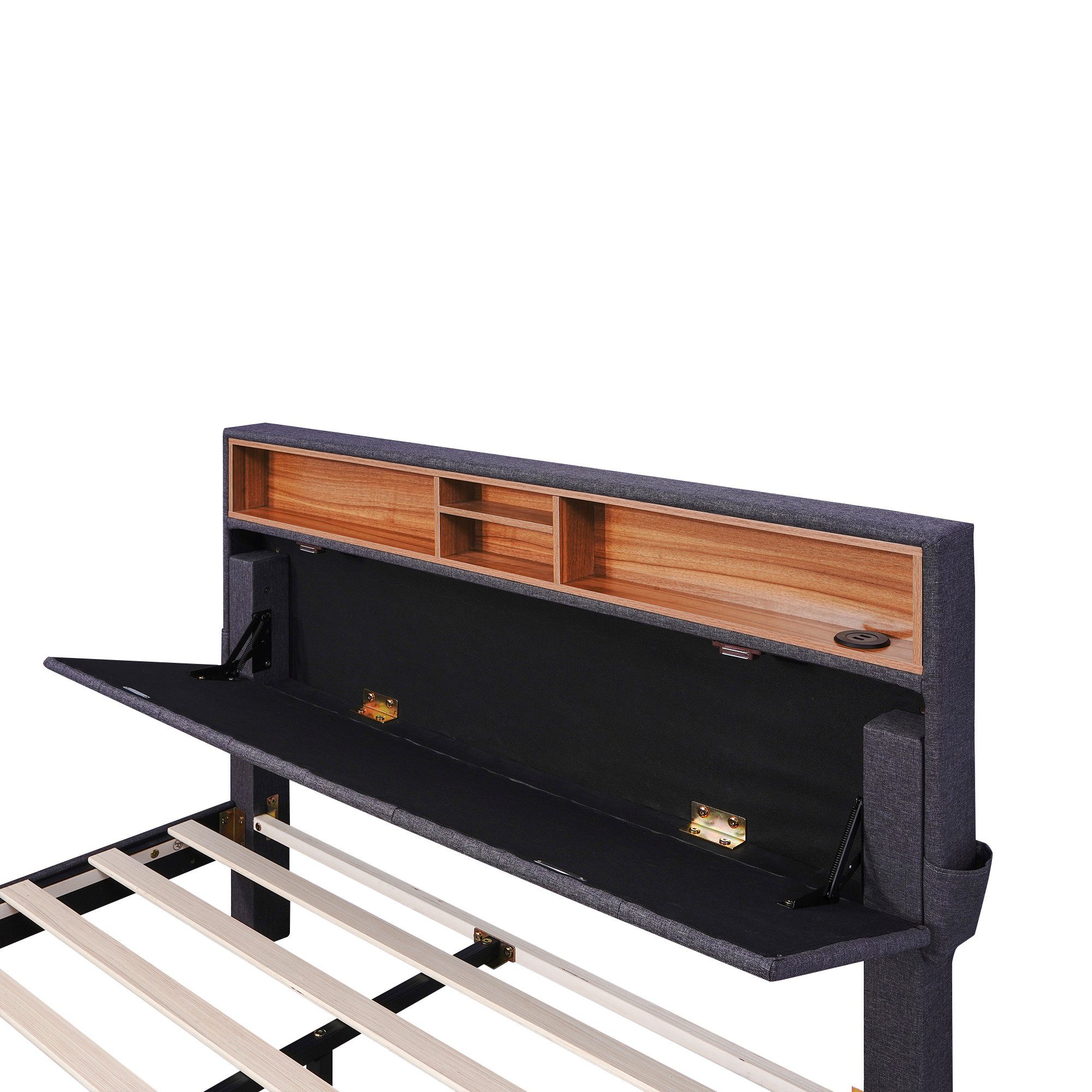 Flieks Polsterbett, LED Beleuchtung Doppelbett USB Steckdose 2 Schubladen 140x200cm Leinen