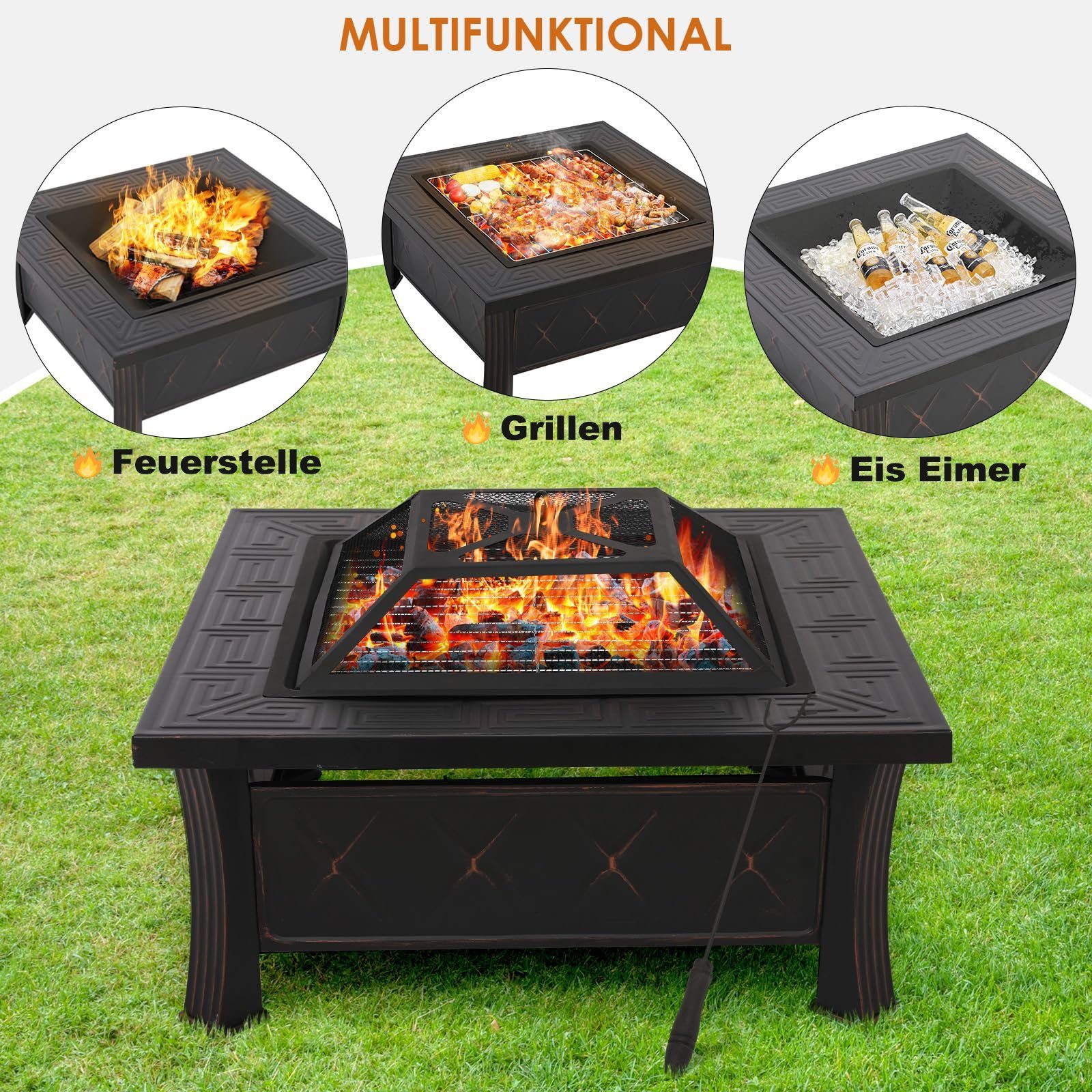 TLGREEN Feuerschale, 81x81 cm Feuerkorb mit Grillrost, Heizung & Grillen