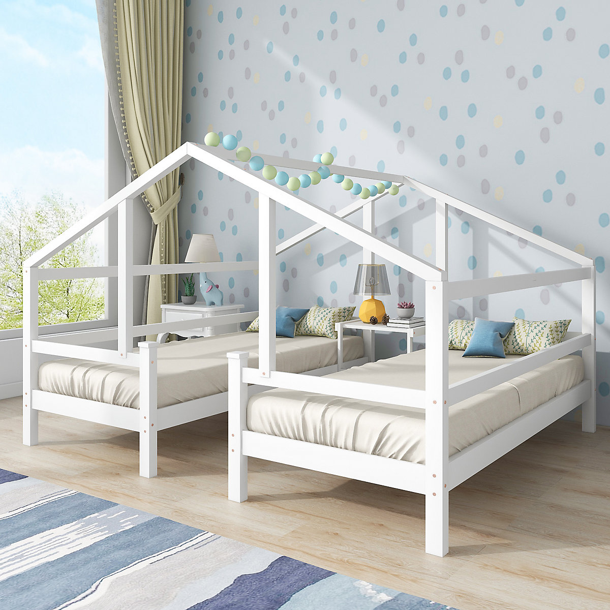 Hausbett Kinderbett 90x200 cm 2tlg. mit Rausfallschutz, Nacchttisch und Lattenrost
