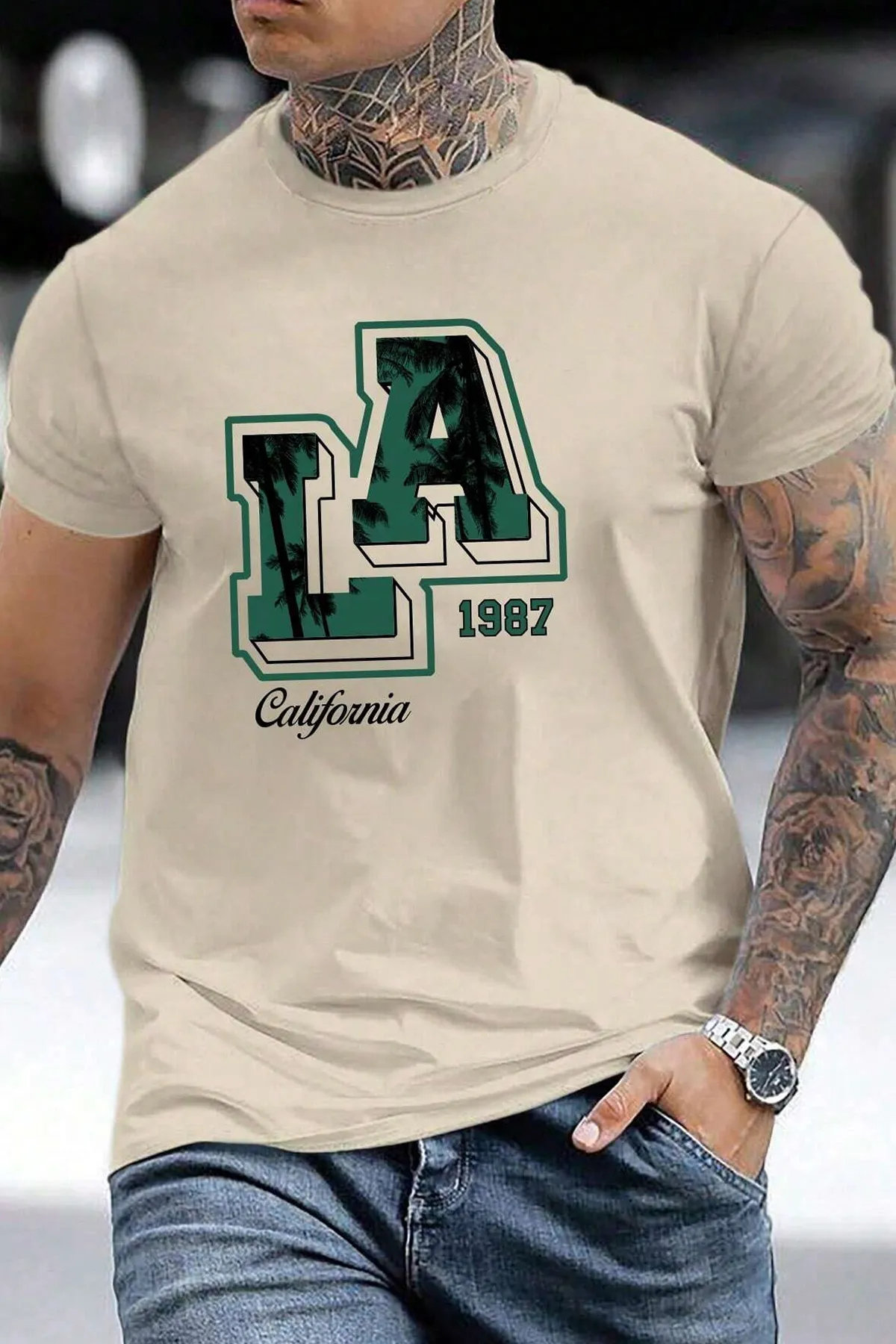 uyguntarz  Bedrucktes Oversize-T-Shirt „La California 1987“ für Herren