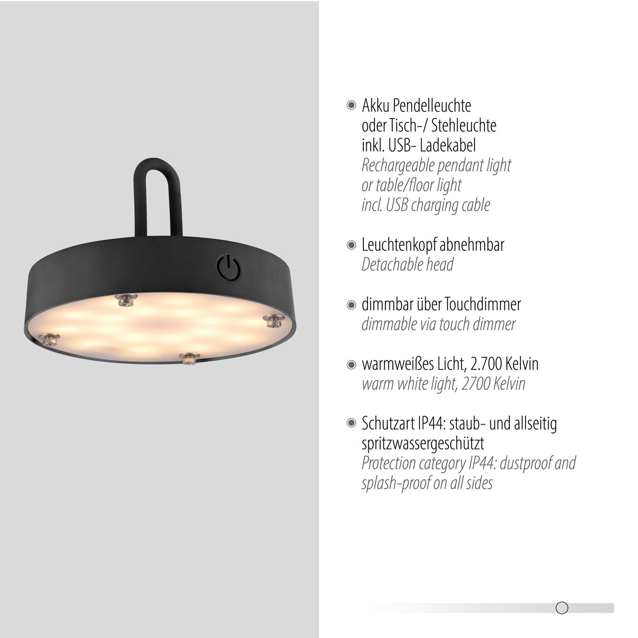 JUST LIGHT Akku Pendelleuchte AKUBA, 1x LED-Board/1,50Watt/2700Kelvin, IP44, Schwarz