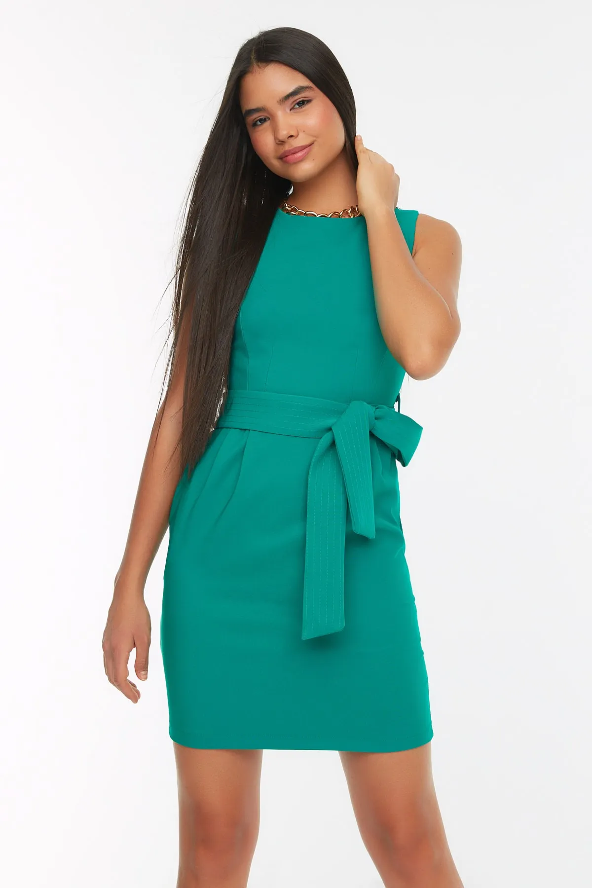 Trendyol Collection  Smaragdgrünes Mini-Webkleid mit Gürtel TWOSS19AA0063