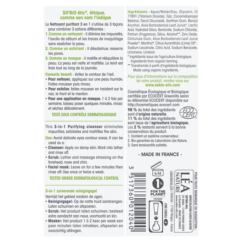 LÉA NATURE SO BiO étic Gel nettoyant purifiant 3 en 1 Bio à l'Aloe Vera Nettoyant