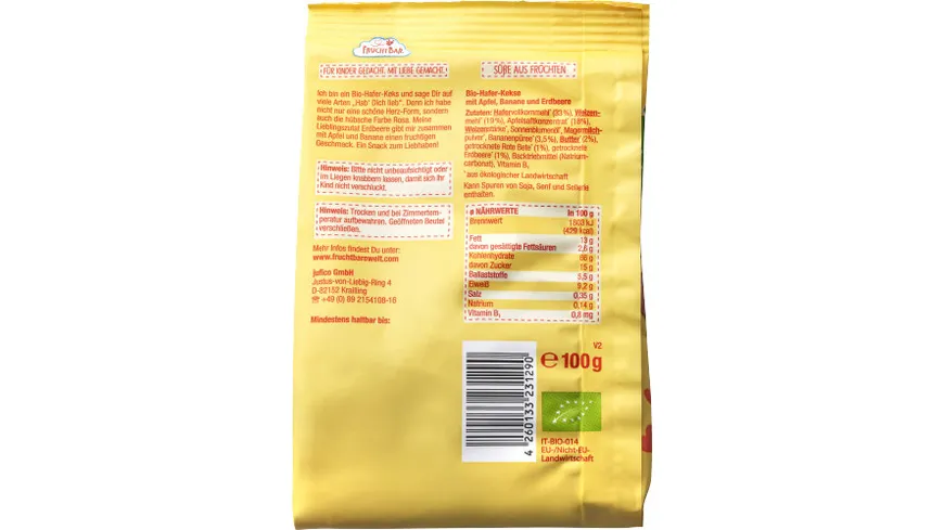 FRUCHTBAR Bio-Hafer-Kekse mit Erdbeere, Banane und Apfel 100 g