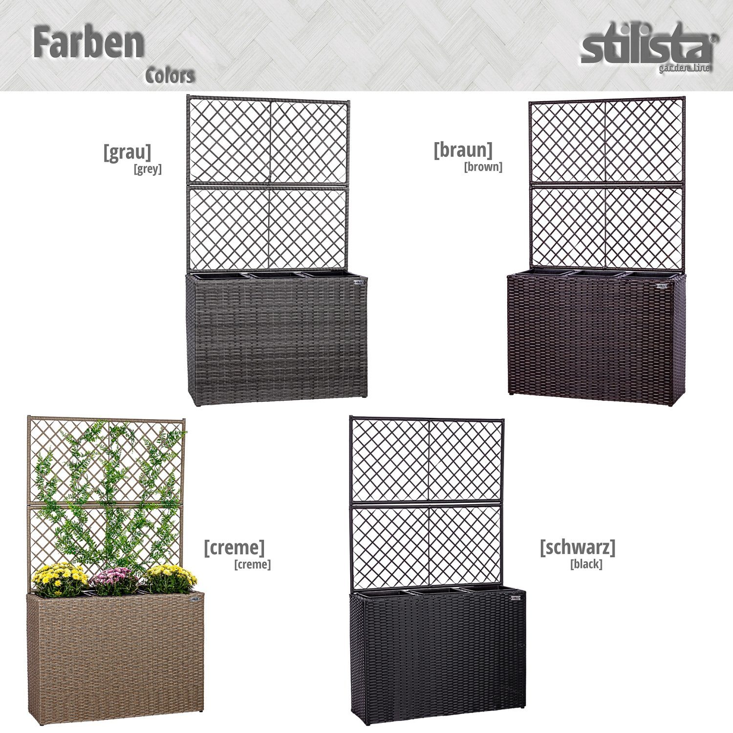 STILISTA Pflanzkübel Polyrattan Pflanzkasten Blumentopf Blumenkasten, 130 x 84 x 29 cm, 3 herausnehmbare Innentöpfe, Rankgitter, Farbwahl