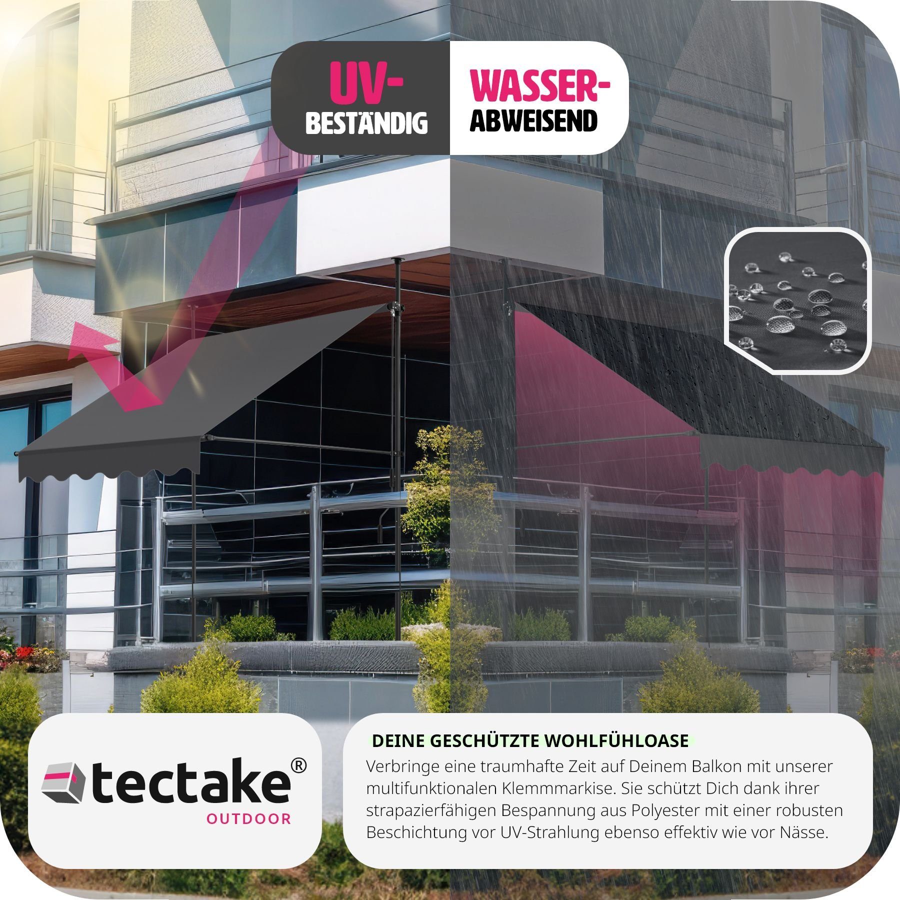 tectake Klemm-Senkrechtmarkise Klemmmarkise mit Handkurbel, höhenverstellbar