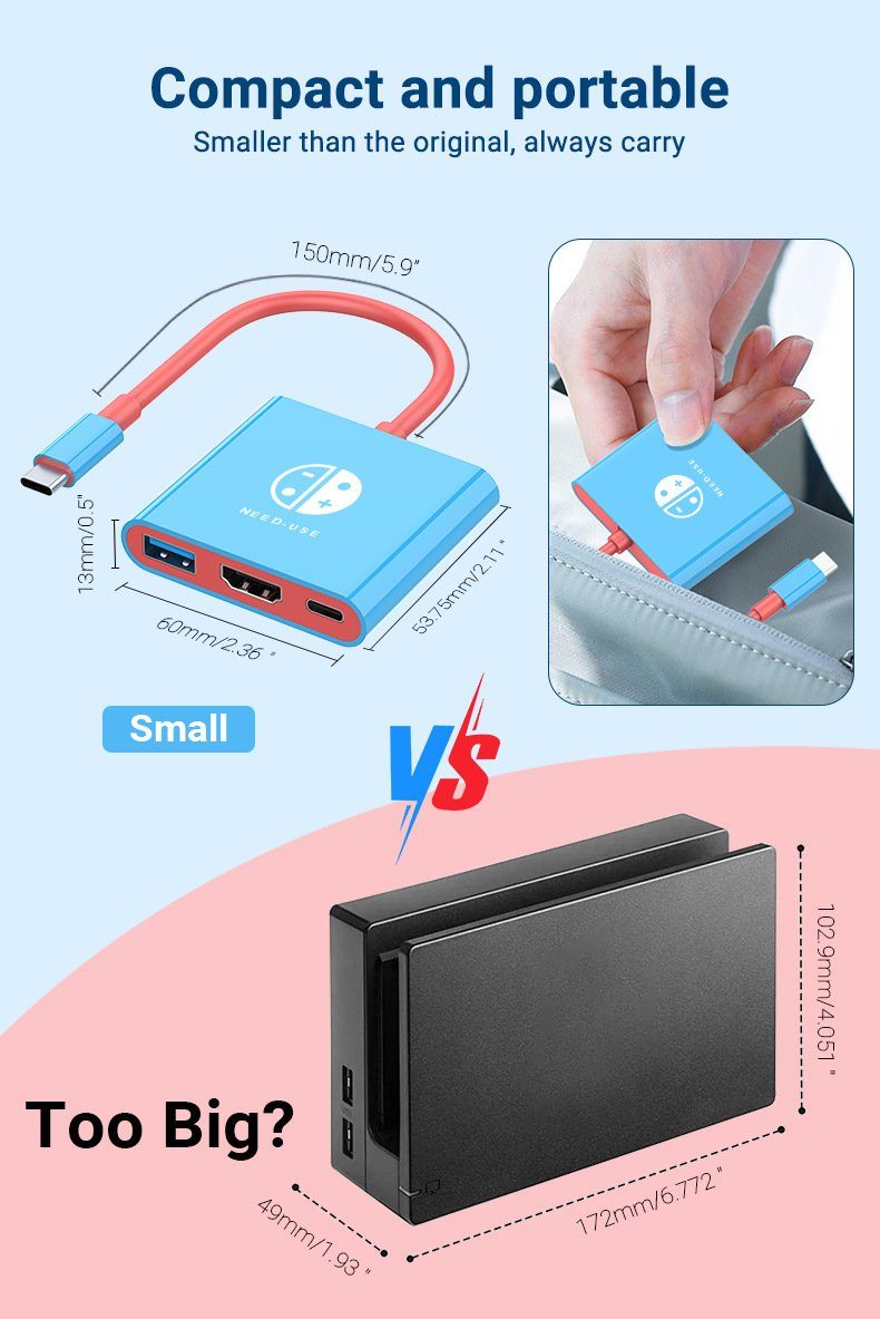 Haiaveng Handy-Dockingstation Switch Docking Station Typ C mit HDMI USB 3.0 und USB C., kompatibel mit Switch, Mackbook, iPad Pro und Android