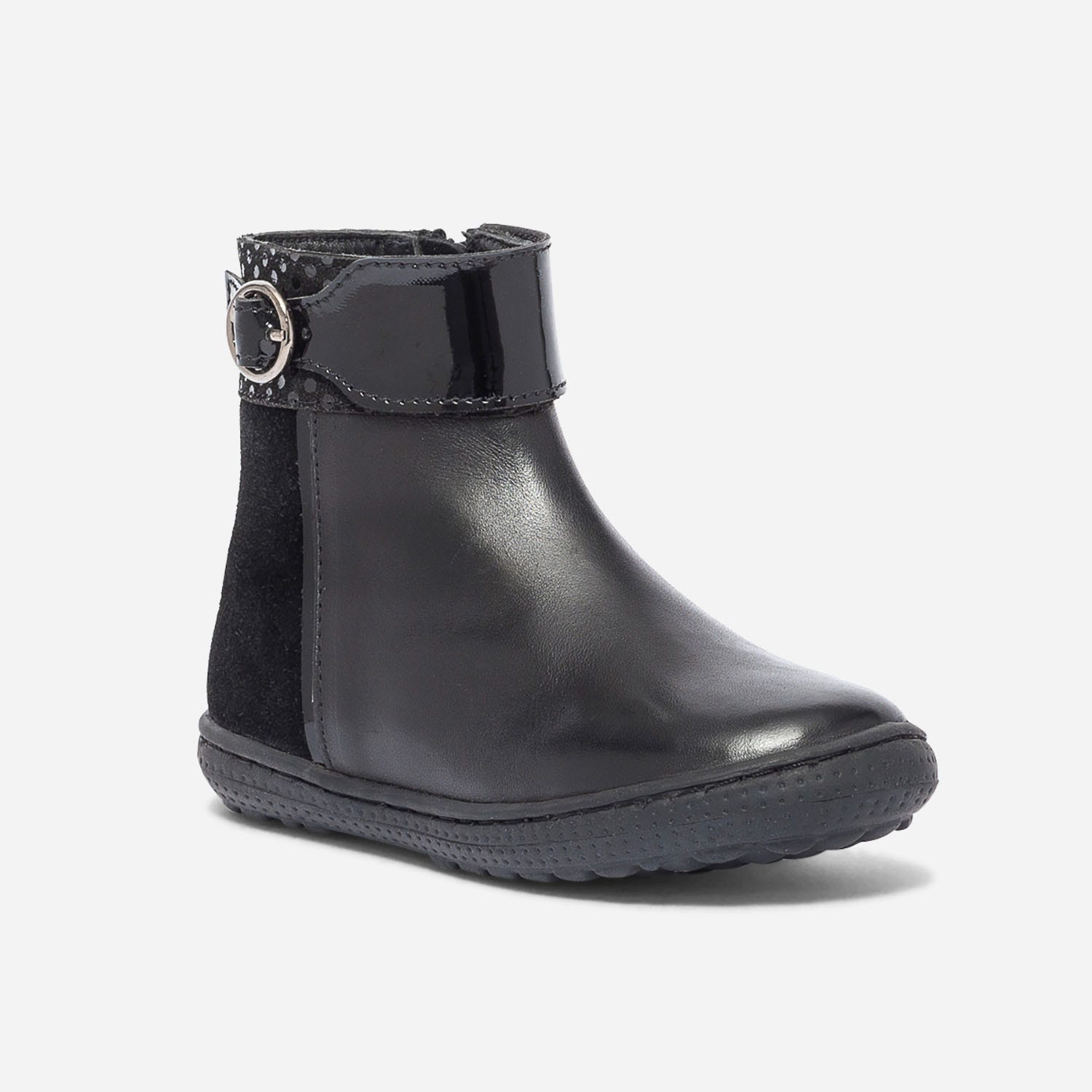 Boots noir bi matière à boucle vernie