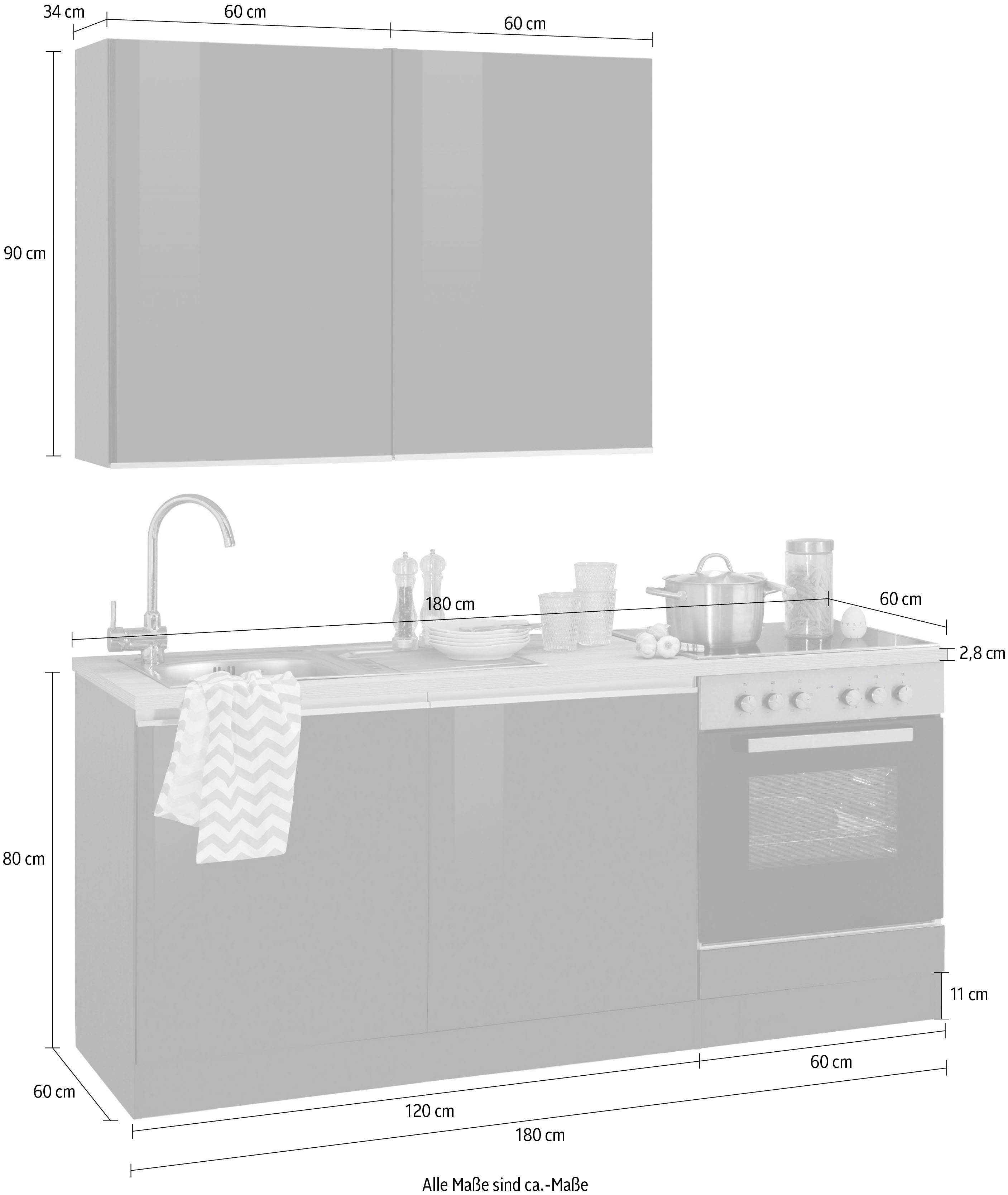 HELD MÖBEL Küchenzeile Ohio, ohne E-Geräte, Breite 180 cm