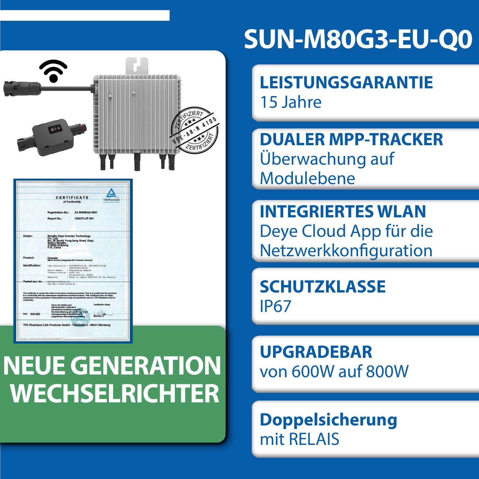 EPP.Solar Solaranlage 800W Balkonkraftwerk Komplettset mit 400W Black Frame Solarmodule, Monokristallin, Neu Generation 800W Deye WIFI Wechselrichter mit Relais, (Balkon-Solaranlage steckerfertig für Ihr Haus, Plug & Play)