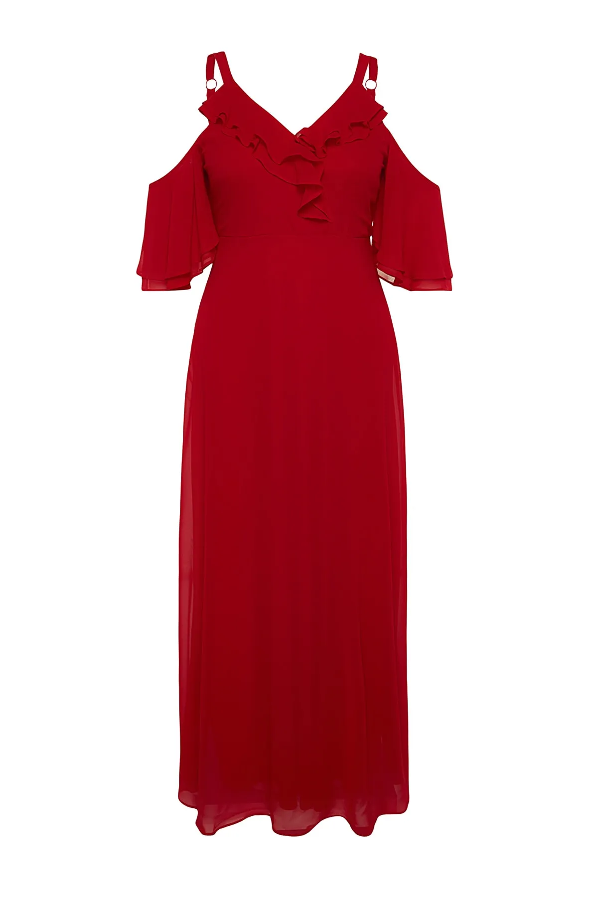 Trendyol Curve  Rotes gewebtes Chiffon-Abendkleid mit zweireihigem Kragen TBBSS22AH0178
