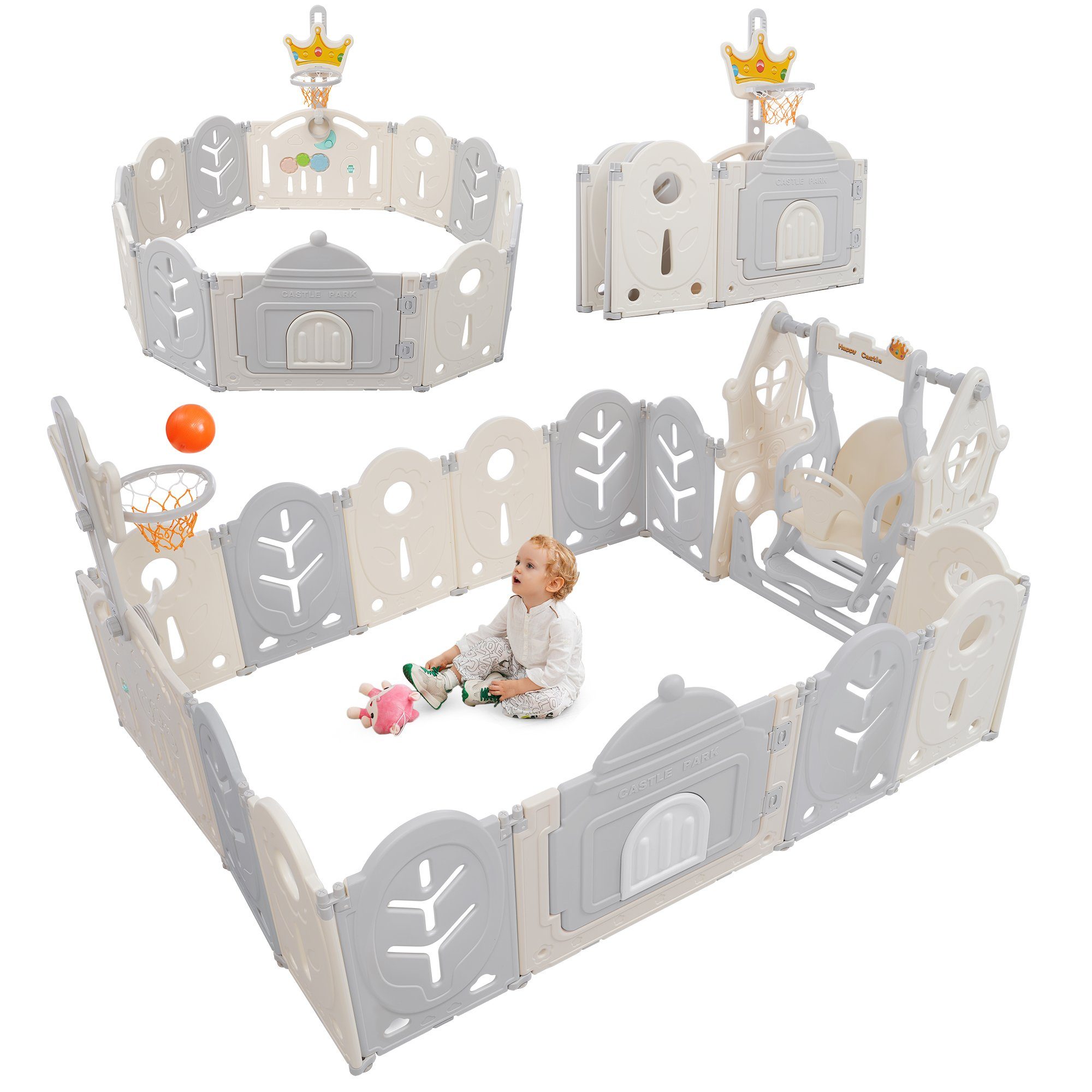 BlingBin Laufgitter 12+2Baby-Laufstall abnehmbar, faltbar (14-tlg), mit Tür, Spielbrett, Basketballkorb und Kinderschaukel, 200*160*90cm