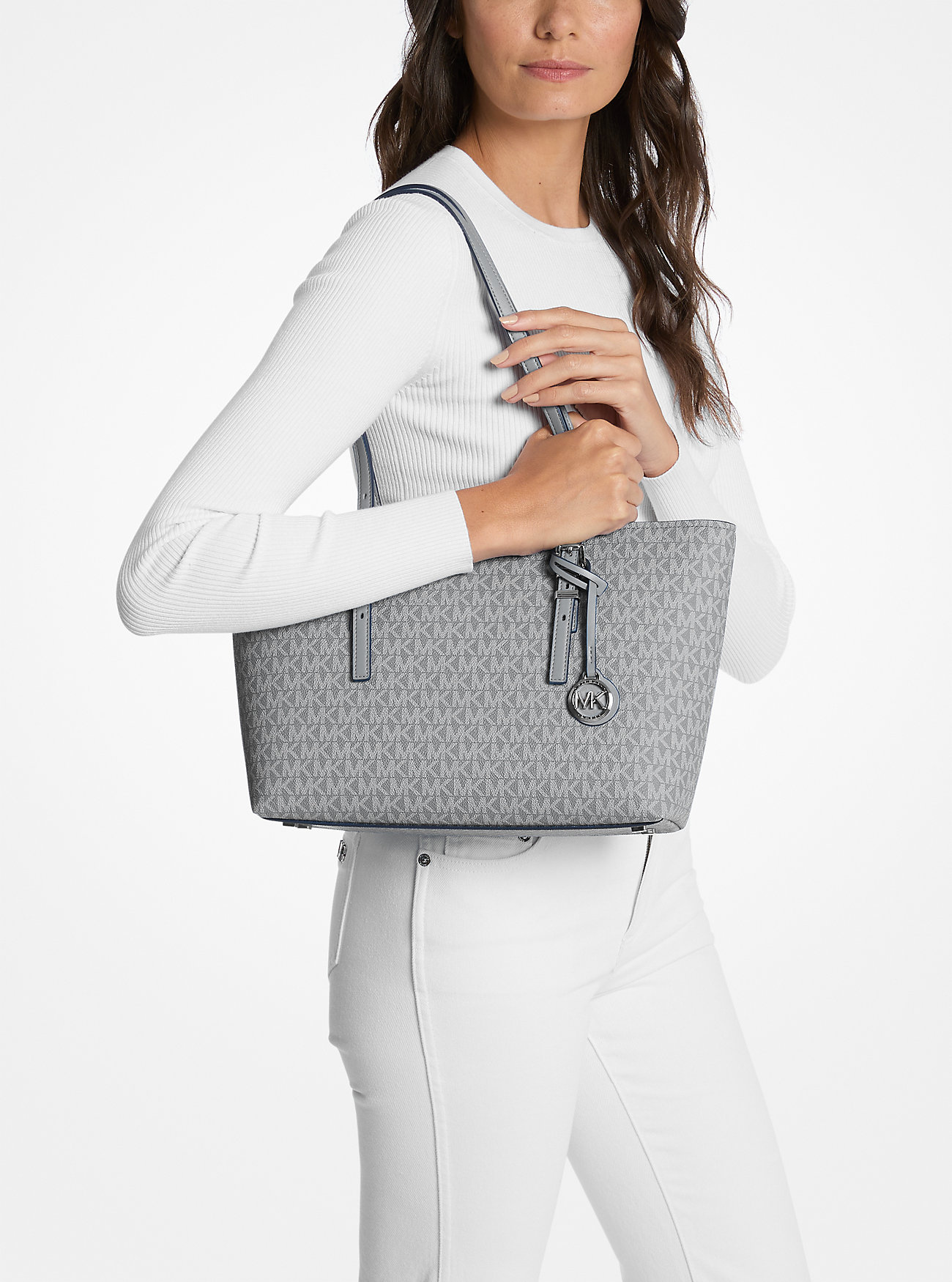 Quinn Medium Signature Logo and Leather Tote Bag - STORM