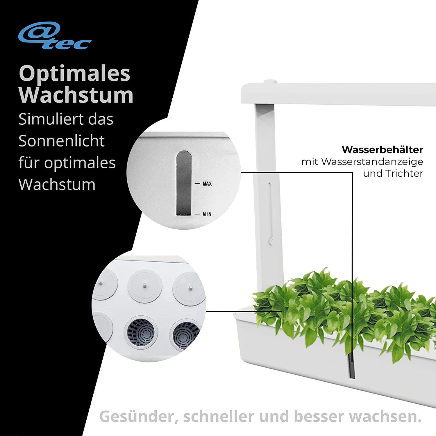 @tec Gewächshaus Mini Pflanzenaufzuchtstation, Zimmergewächshaus, Anzuchtkasten, ideal für Kräuter & Pflanzen, mit LED-Beleuchtung & Bewässerung, inkl. Anzuchttöpfe für 10 Setzlinge, ca. 48x18 cm