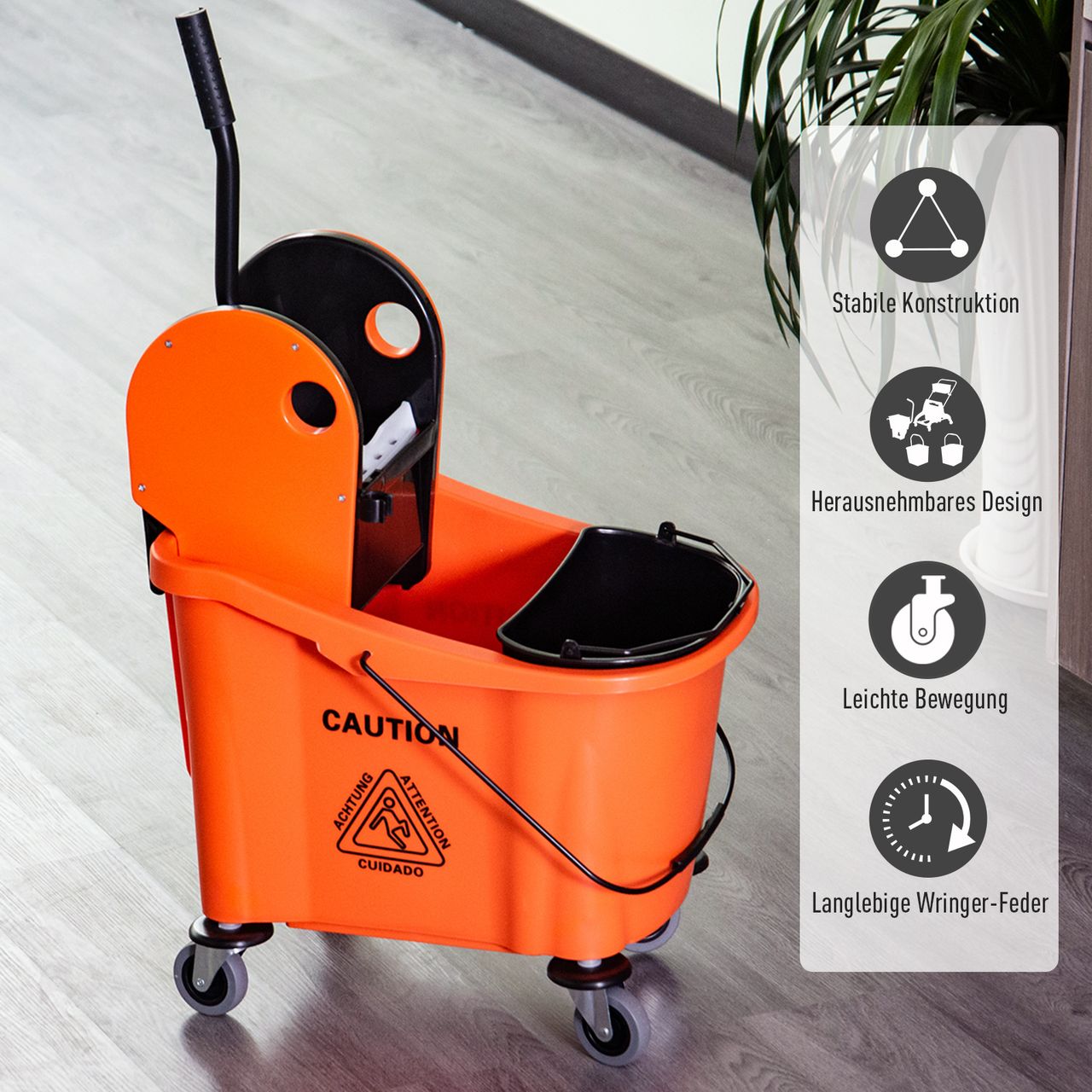 HOMCOM Reinigungswagen Fahreimer Putzeimer Wischwagen mit Auswringvorrichtung 36 Liter, Schwarz Orange, 54 x 41 x 91,5 cm