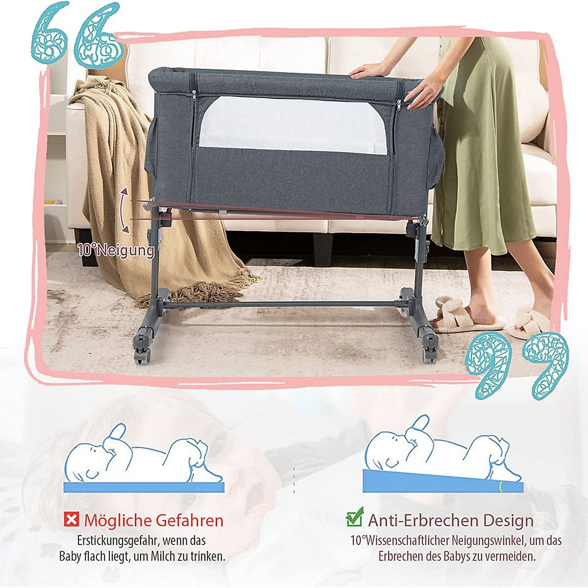 Beistellbett Babywiege inkl. Matratze Reisebett Höhenverstellbar