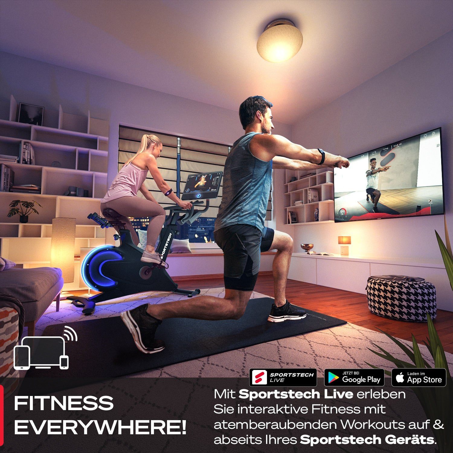 Sportstech Speedbike sBike (Speedbike Heimtrainer Sportstech Fitness Bike für Zuhause), Smart Indoor Cycling Bike, 21,5“ Touch Display Live & On Demand Kurse