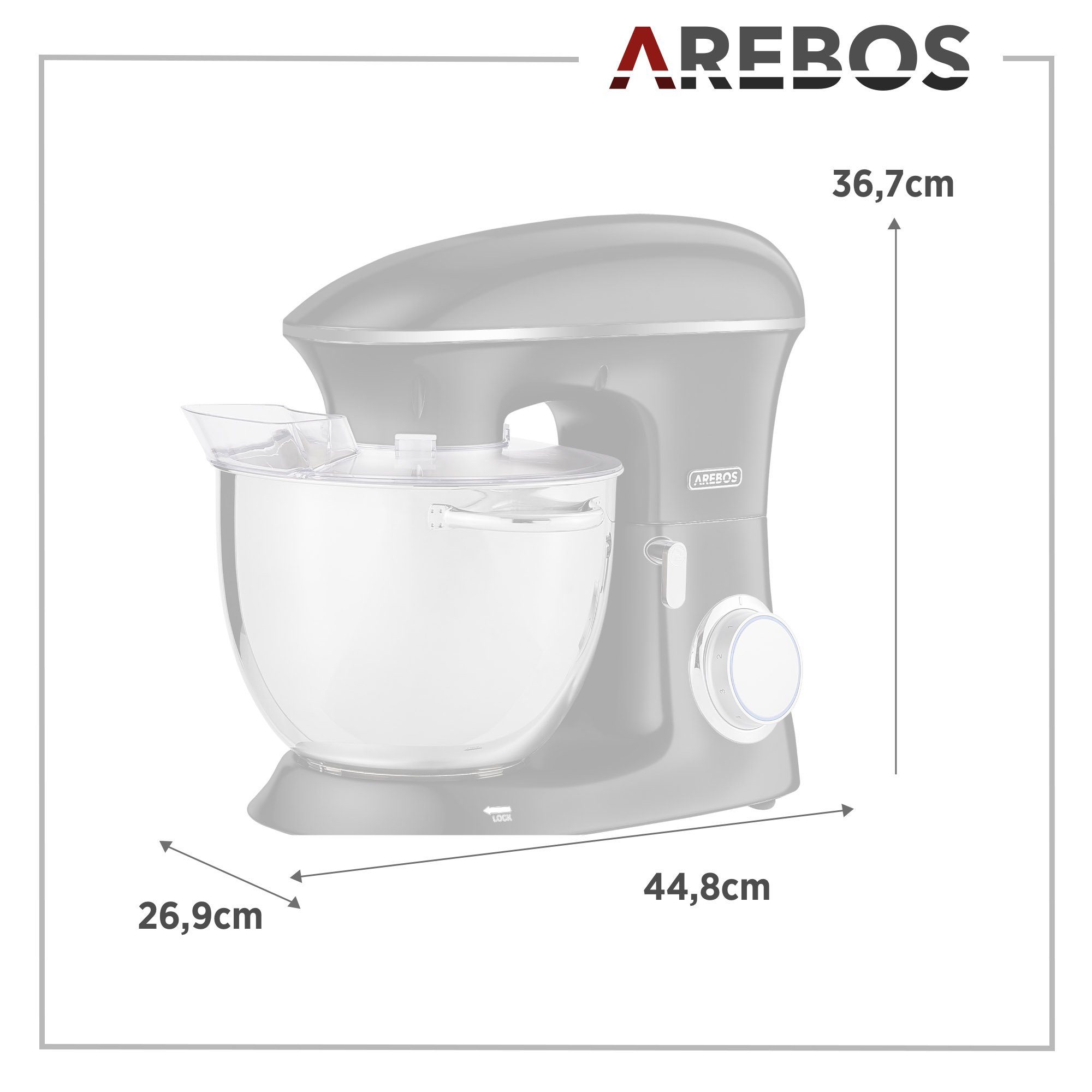 Arebos Küchenmaschine Edelstahl-Rührschüssel, 6 Geschwindigkeiten, 1500 W, 8,00 l Schüssel