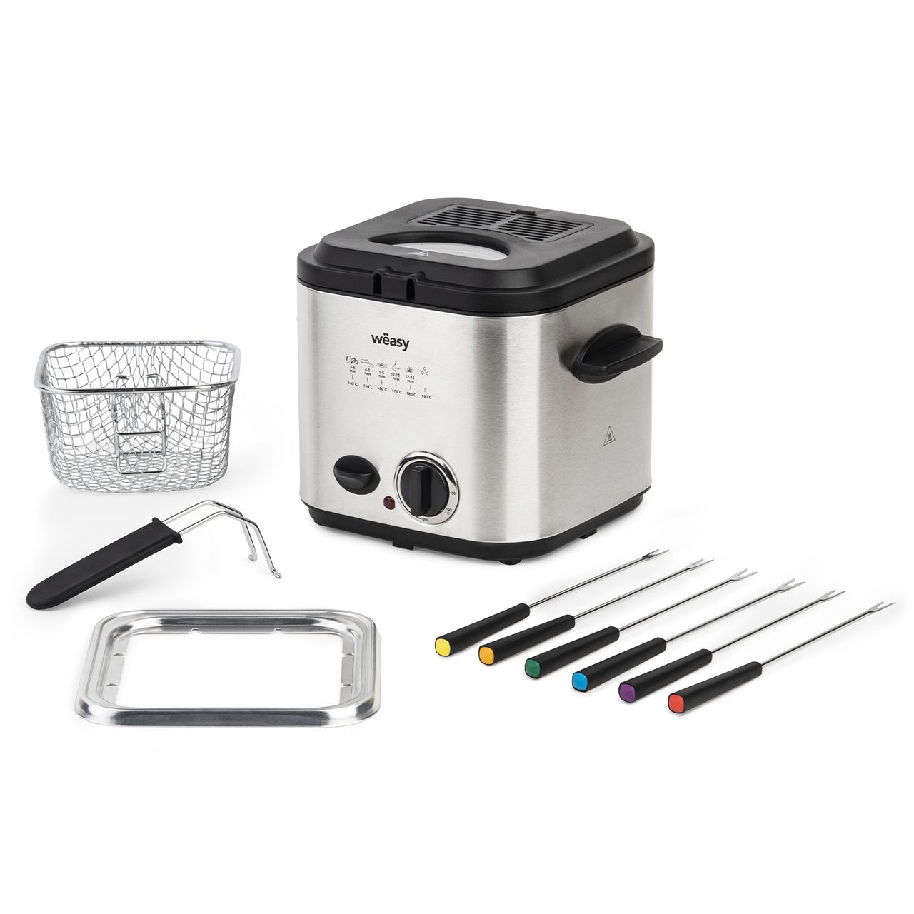 Weasy Wëasy TB600 Elektrische Fritteuse und Fondue, 2 in 1, 1,2 l, Edelstahl, multifunktional, kompakt, 6 Gabeln, Geruchsfilter, abnehmbarer Korb, verstellbare Temperatur, Silber/Schwarz, 840 W, 1,2 l