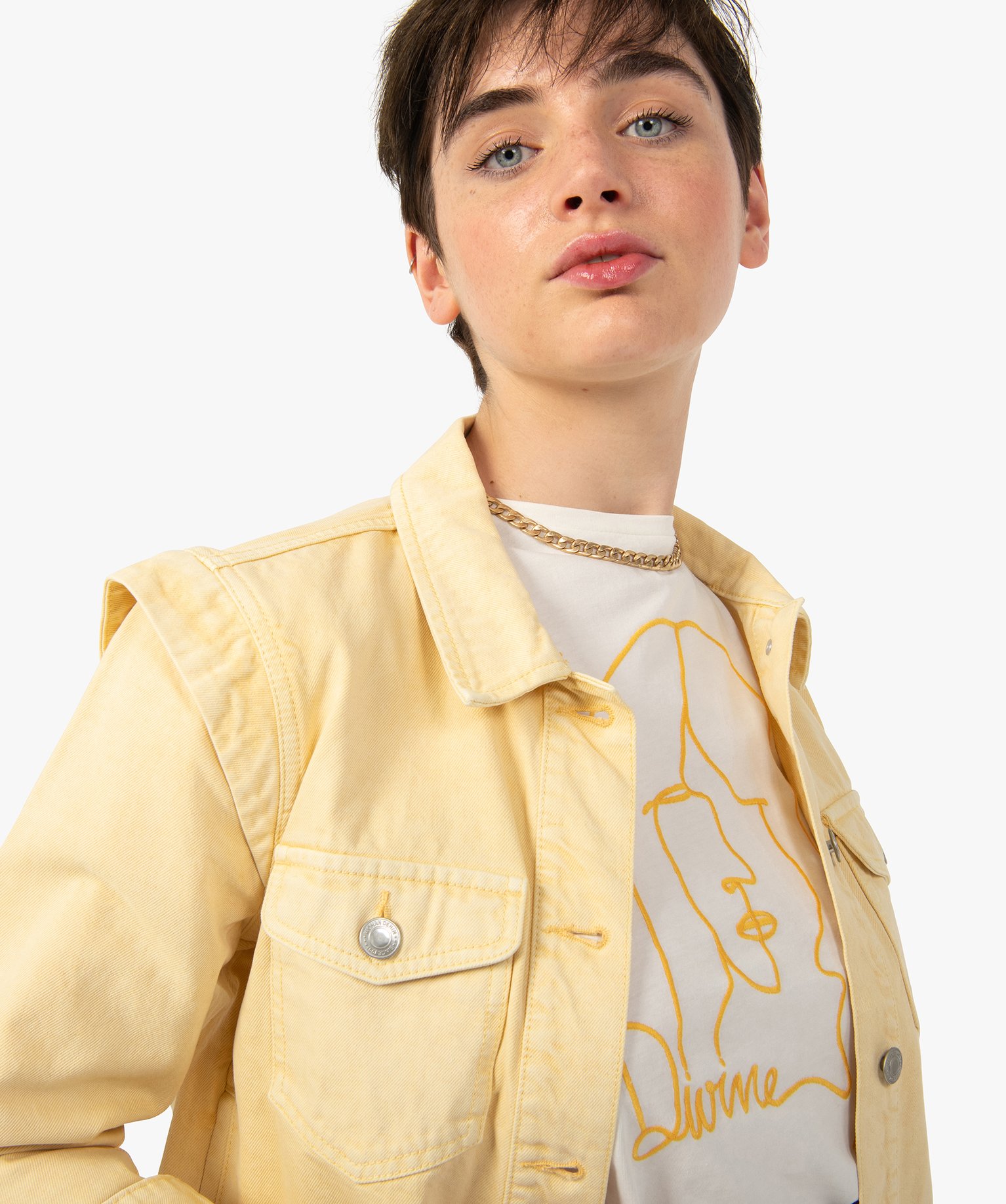 Veste femme en denim à épaulettes jaune | GEMO